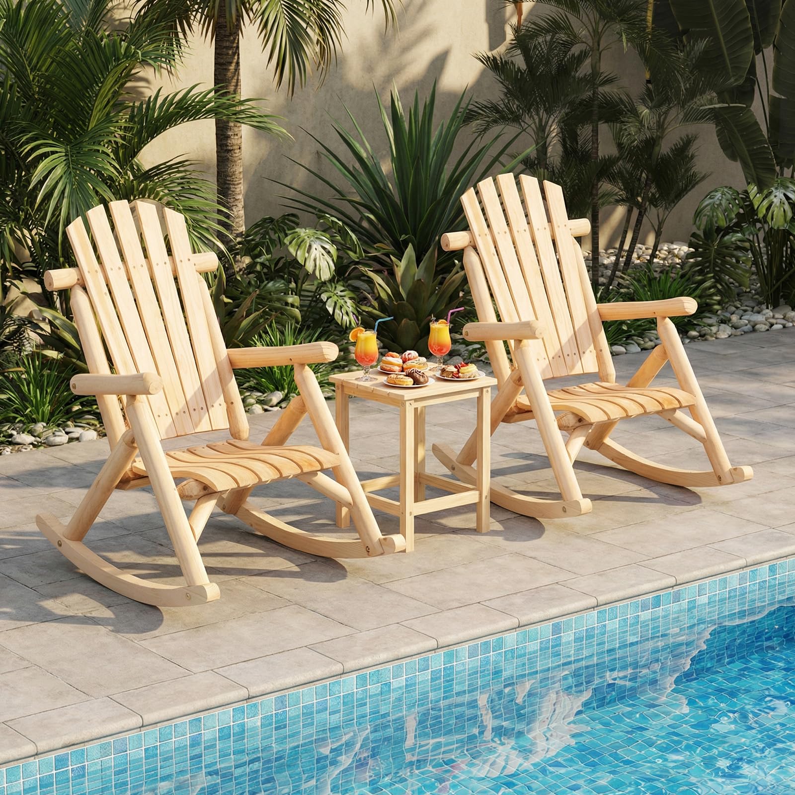 COSTWAY Fauteuil à Bascule Adirondack Exterieur Interieur, Rocking Chair en Bois Massif, Siège Incurvé, Haut Dossier Éventail, Chaise pour Jardin Terrasse Balcon, Charge 150 kg, 99 x 68 x 99 cm