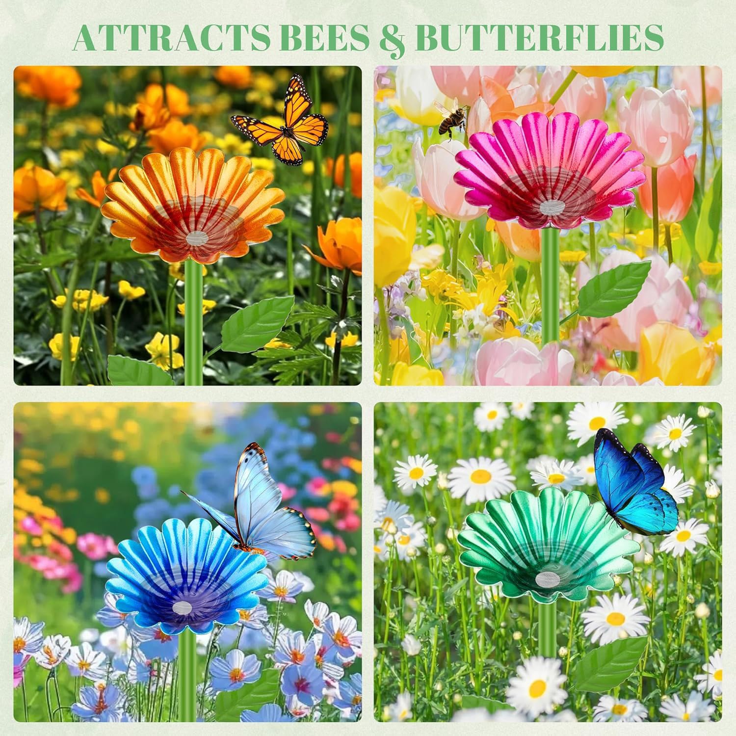ZONSUSE Estación de Agua para Abejas Jardín, Bebedero para Abejas, Comedero para Mariposas y Baño de Insectos, Estacas de Flores de Metal, Estación de Riego Decoración Exterior Regalo (4 Unidades)