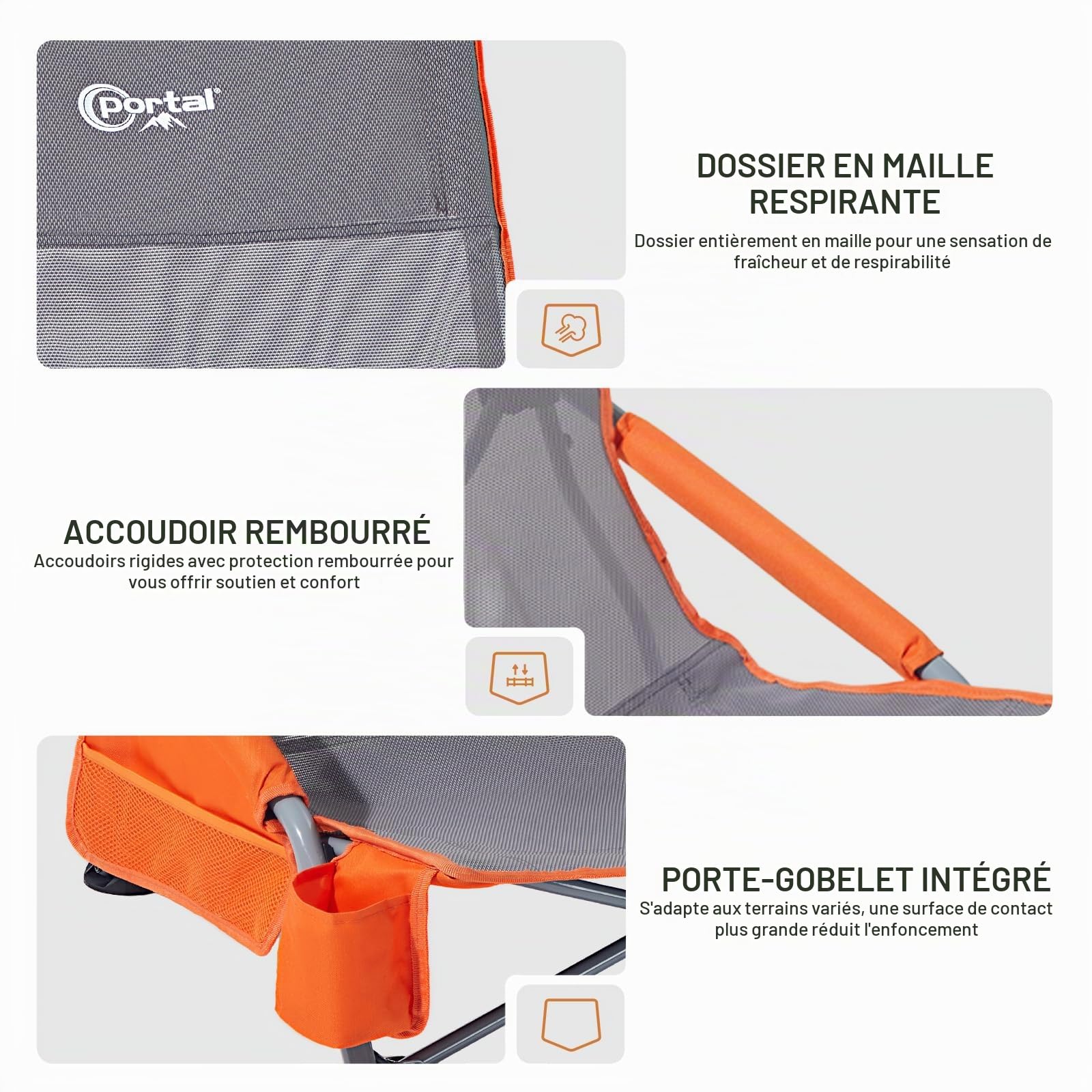 Portal Lot de 2 chaises de plage à dossier haut légères et portables pour adultes, siège de plage, festival, pique-nique, sac à dos, chaise longue pliable avec porte-gobelet, maille respirante, 150 kg
