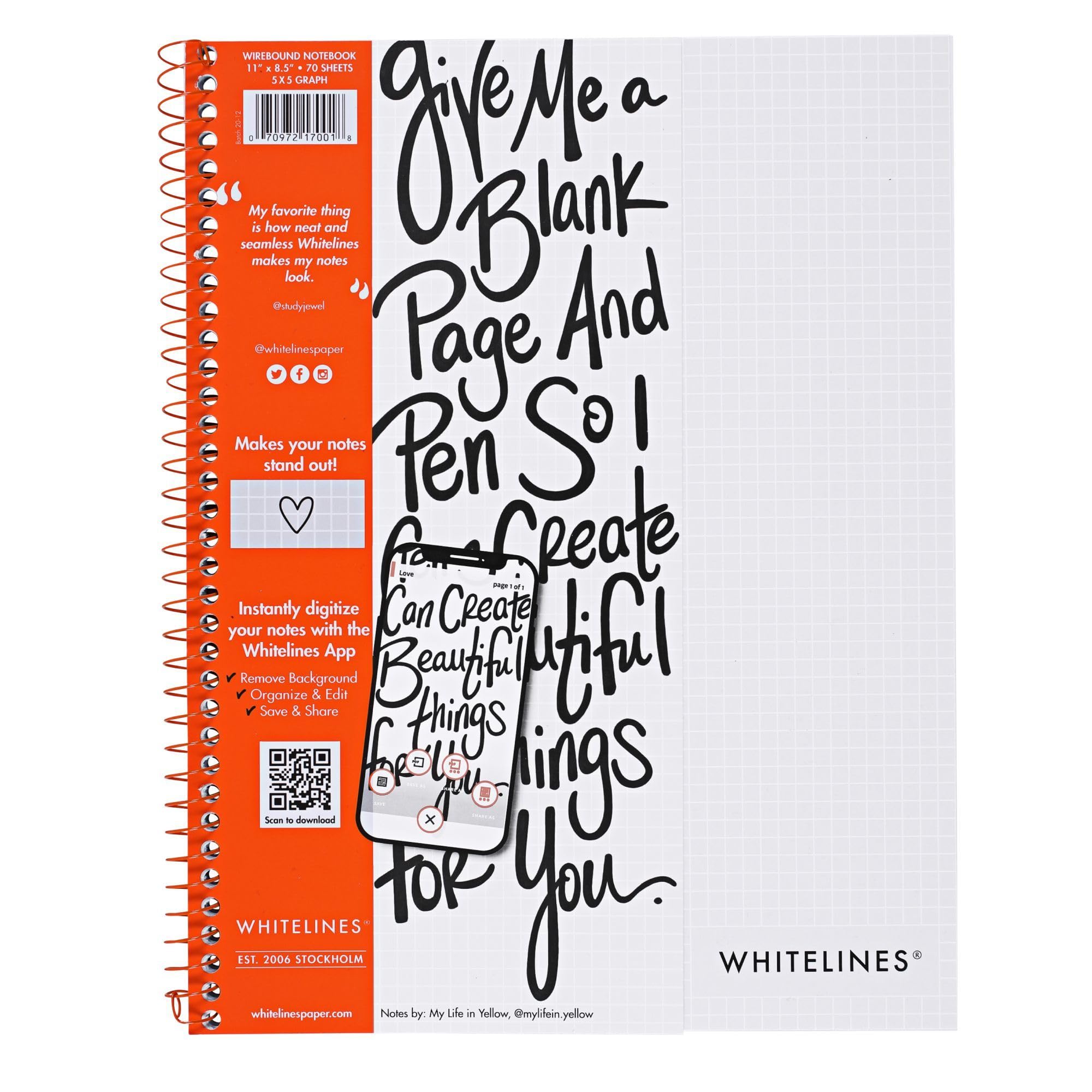 ROARING SPRING Whitelines Spiral Graph Ruled Notebook, Digitally Download Your Notes with FREE App, Premium Gray Paper, 11" x 8.5" 70 Sheets