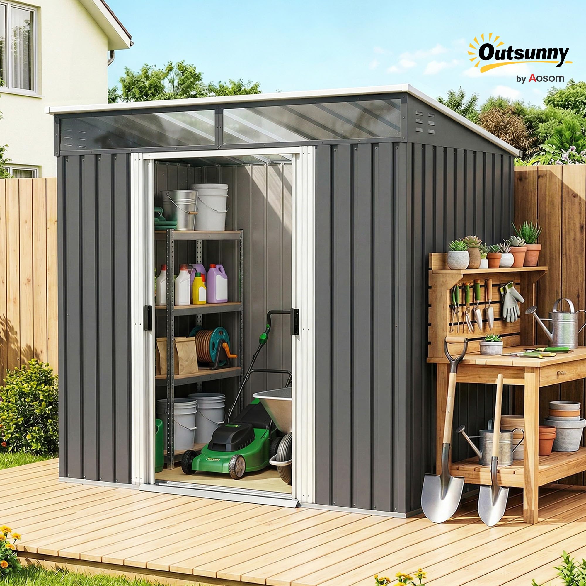 Outsunny Casetta da Giardino 2m² in Acciaio Zincato con Prese d'Aria, Capanno da Giardino con Finestre Trasparente, Tetto Inclinato, Porta Scorrevole Bloccabile, 2 Ganci, Grigio Scuro
