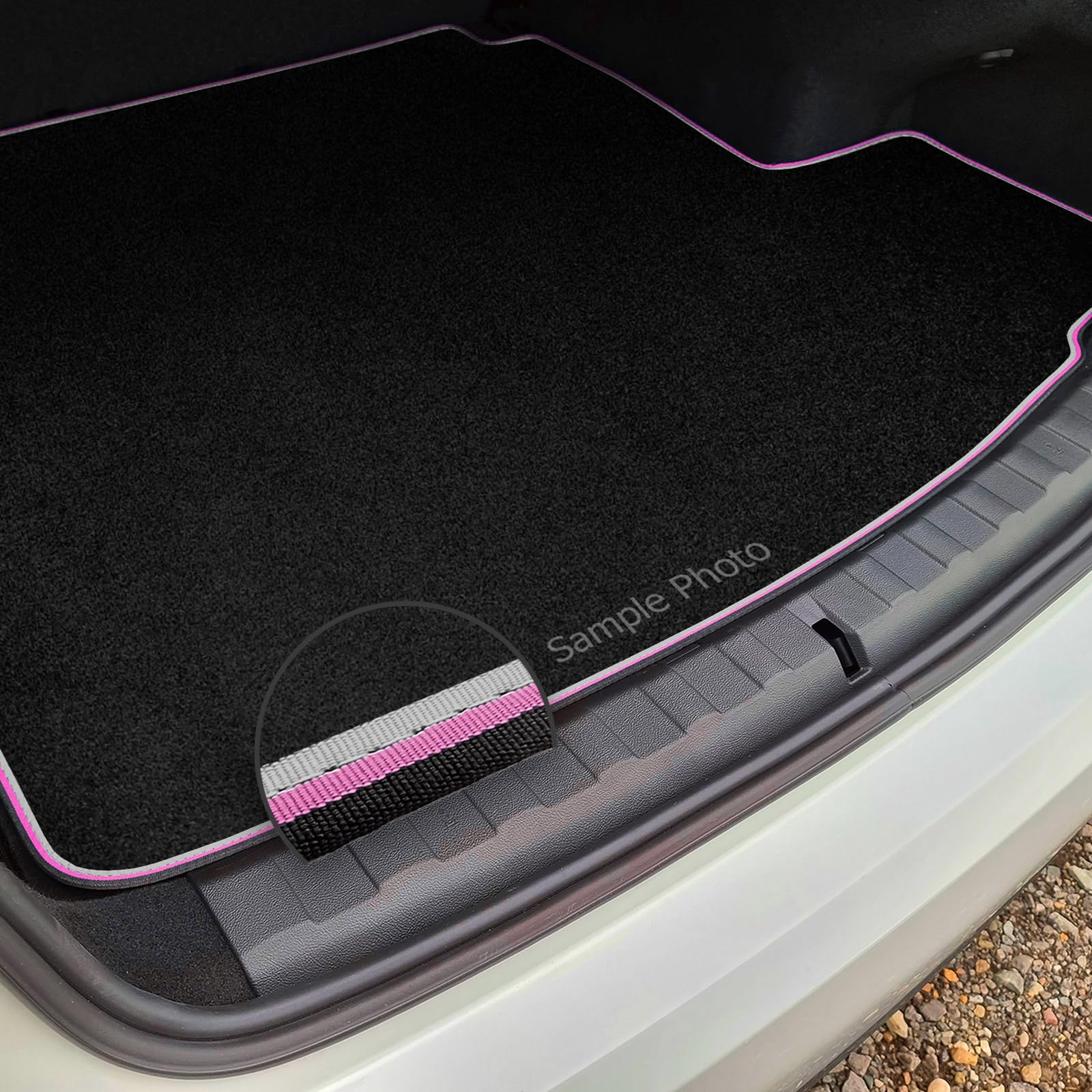 To fit Suzuki Liana HB (2004-2007) Tailored Black Carpet Boot Mat + Pink & Grey Dual Trim
