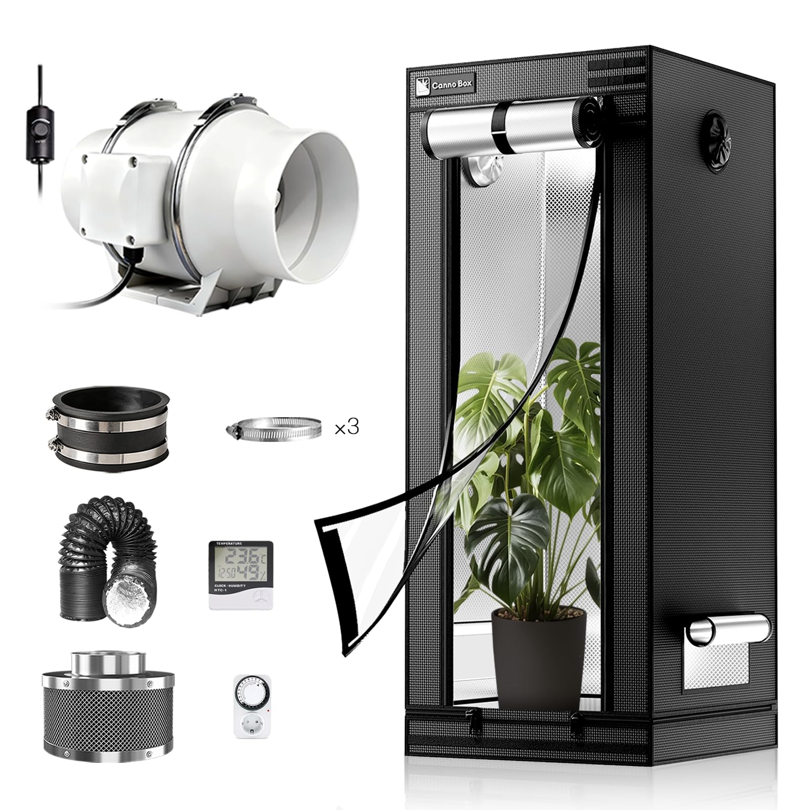 Pro Growzelt Komplettset mit Growzelt 60x60x160 cm und Regelbar Rohrventilator 100mm Set Belüftungssystem Transparente Schicht Indoor Grow Zelt Komplett Set für Hydrokulturen