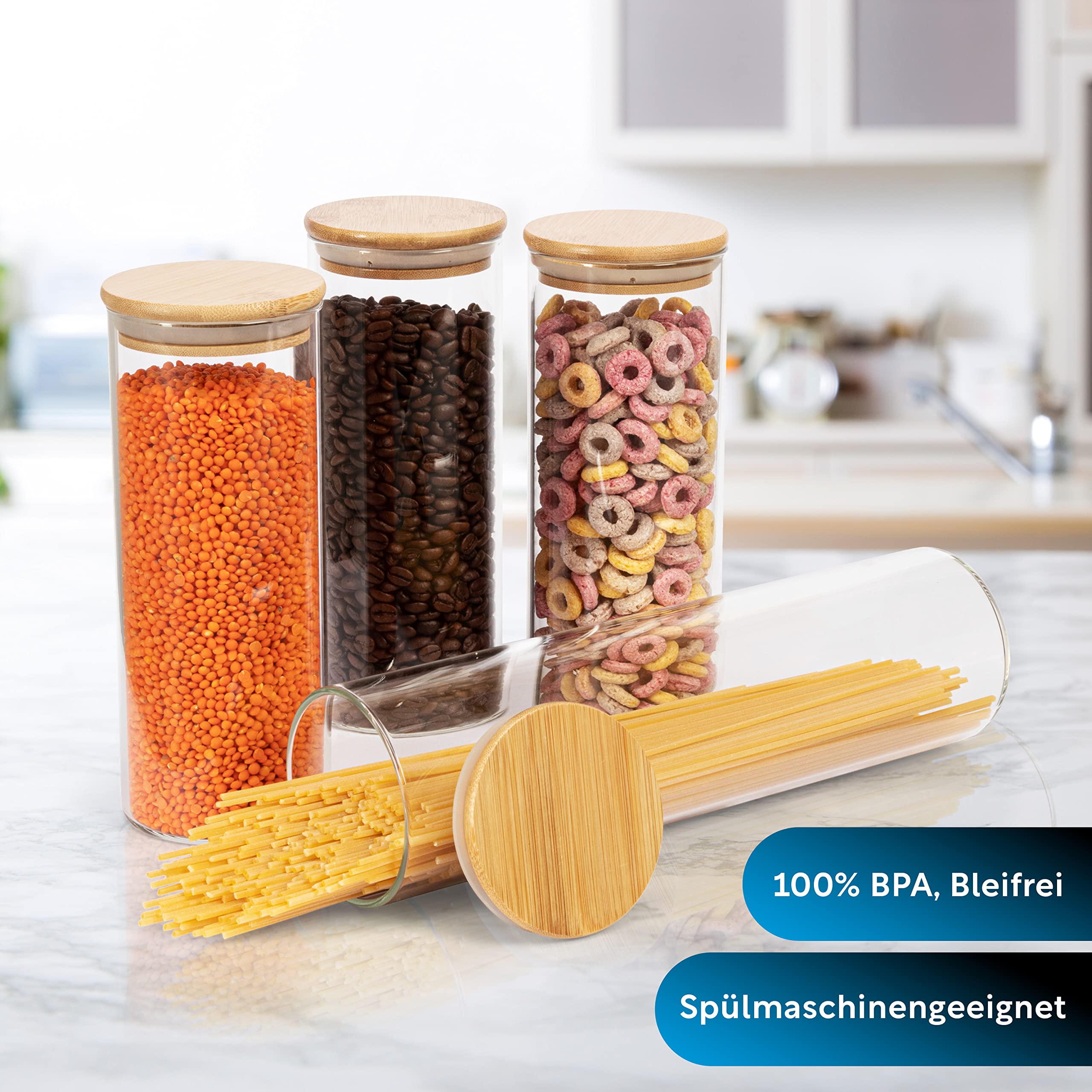 CLIDOR ® Barattoli con coperchio, rotondi, set da 4 pezzi, 1 x 1200 ml e 3 x 800 ml, spessore del vetro aumentato, contenitori con coperchio, ermetici, per tutti gli alimenti, organizer da cucina