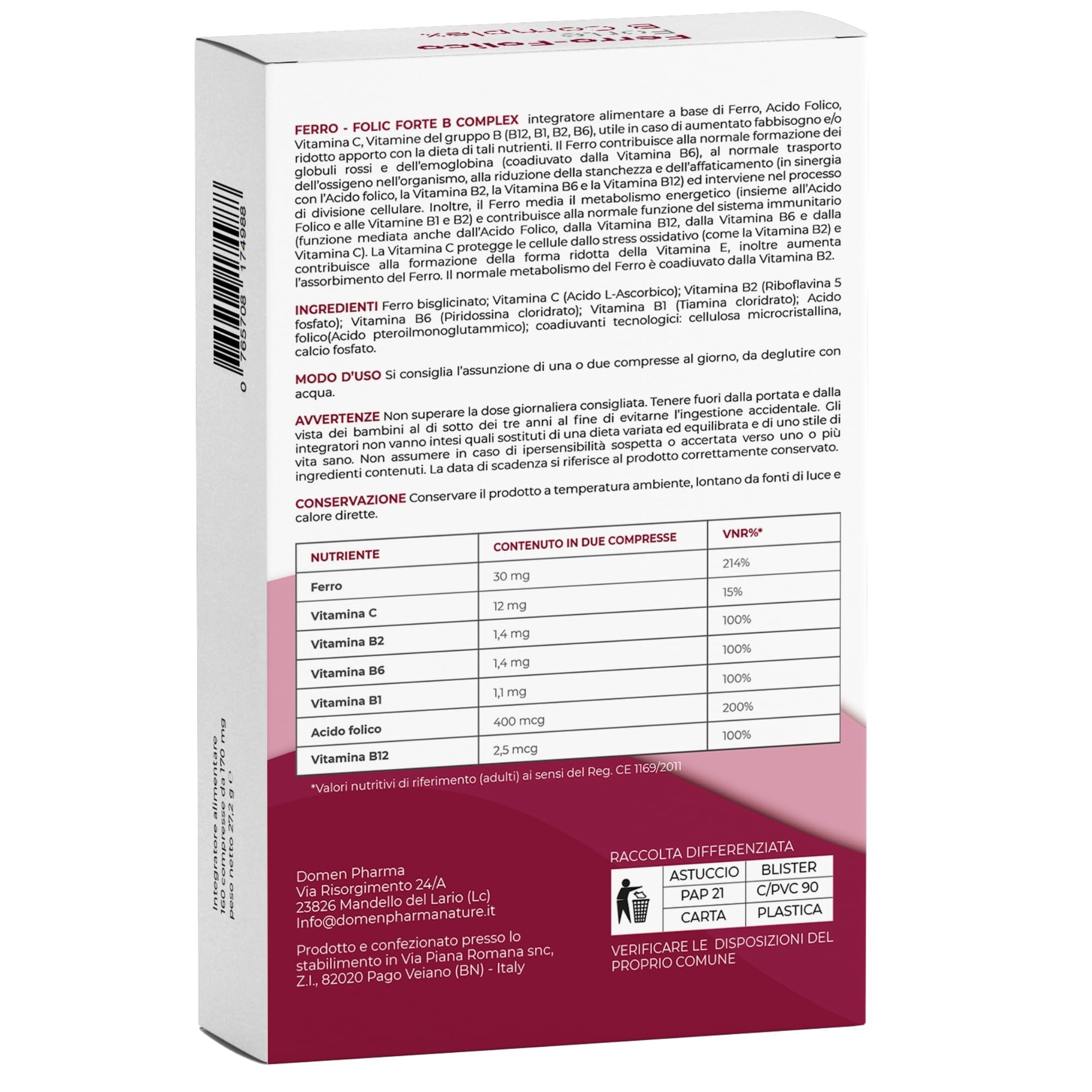 FERRO FOLIC Integratore Ferro 160 compresse ad alto dosaggio, ferro acido folico e Vitamina B12 con Complesso B e Vitamina C. Ferro Bisglicinato alta biodiodisponibilità e Acido Folico naturale.
