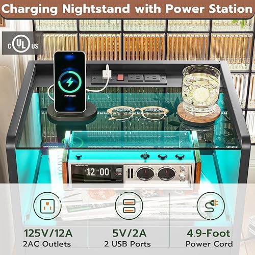 Miniatura 3 de VIAGDO Nightstand with Charging Station and LED Lights, Black Night Stand with Glass Top and Storage Drawers, End Side Tables with Pull-Out Tray and