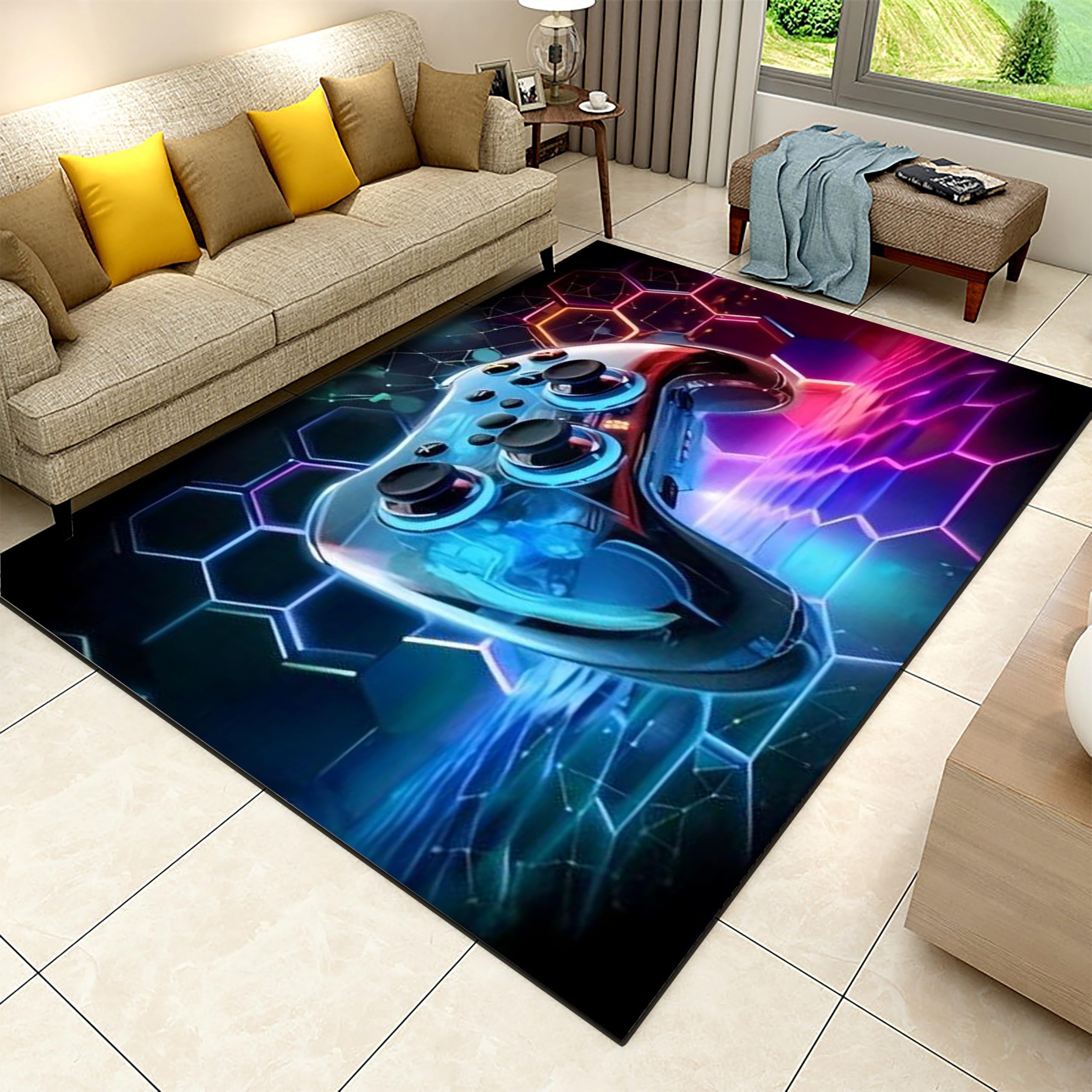 3D Gamepad Bereich Teppiche, 70x140cm, Cool Geometrisch Gaming Zimmer Dekor Zusammen mit, Spiel Regler Niedrig Stapel Einfach Sauber Teppich für Jungs, Beständig für Leben Zimmer