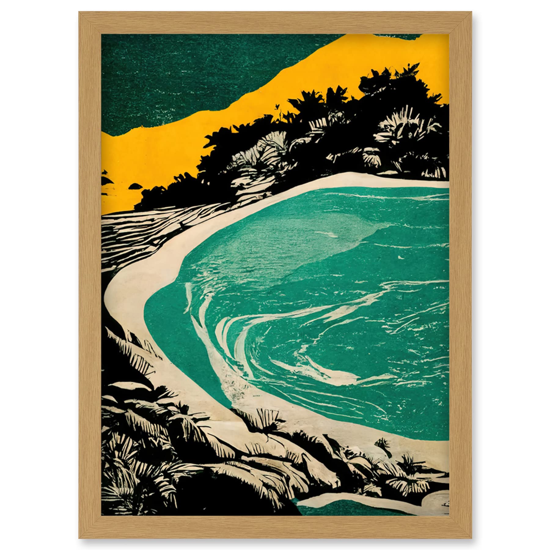 Wee Blue Coo Beach Lagoon Abstract Marbled Seascape Mustard Teal Artwork Framed Wall Art Print A4