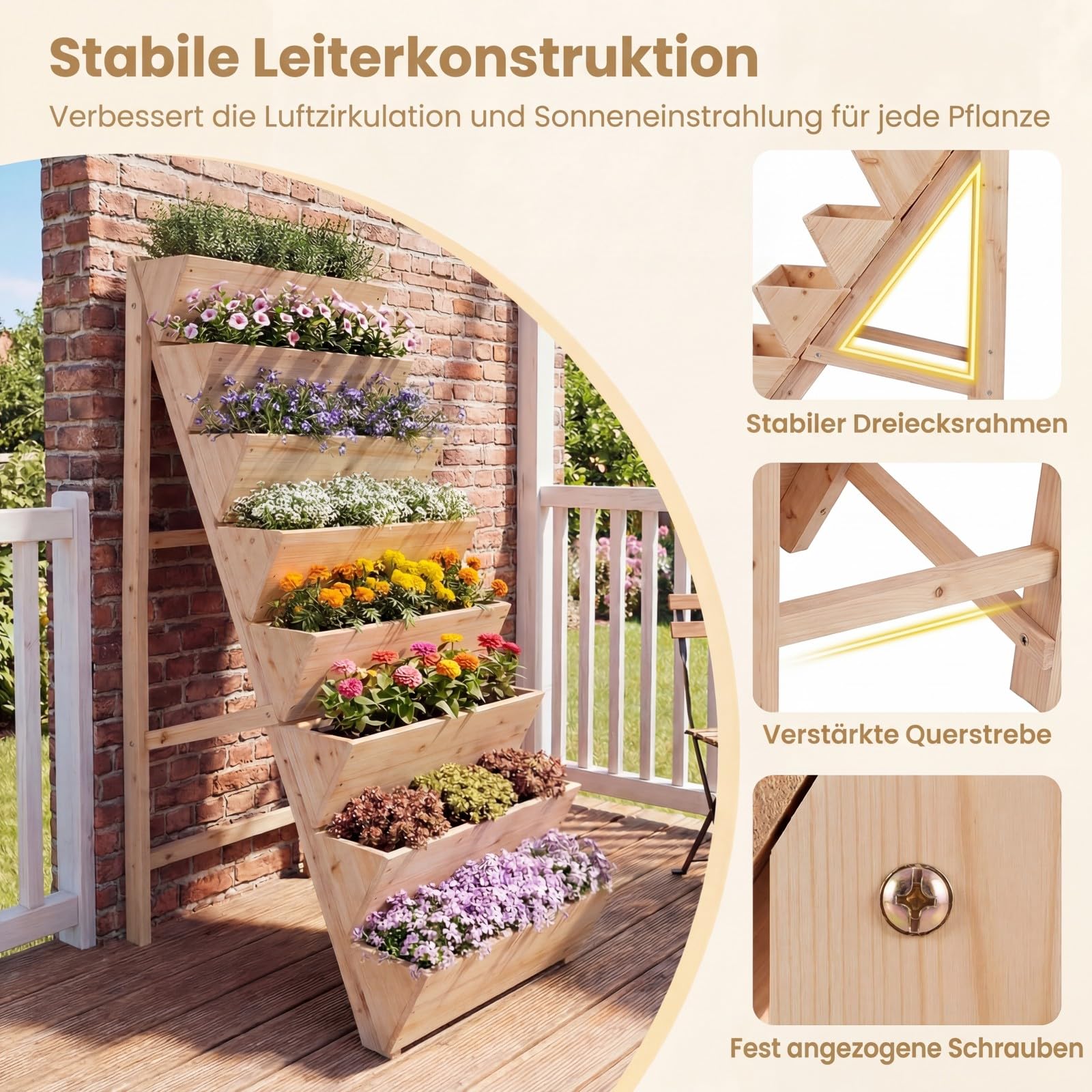 COSTWAY vertikales Hochbeet mit 8 Etagen, Blumenbeet aus Tannenholz, Vertikalbeet mit Pflanzkästen, Blumentreppe Gartenbeet Holz, Blumenkasten für Terrasse Balkon Garten (Natur)