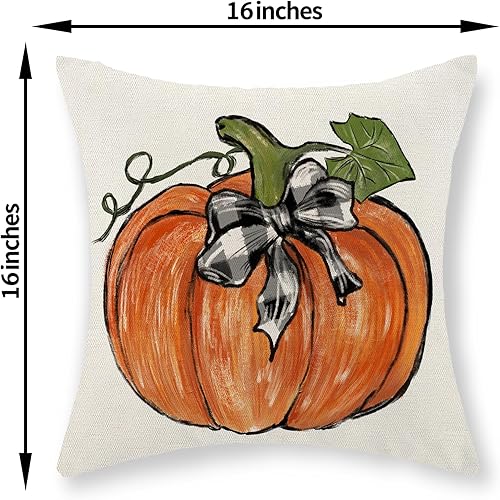 Miniatura 48 de Juego de 2 fundas de almohada de otoño de 18 x 18 pulgadas, hojas de arce de calabaza y búfalo a cuadros, decoración de otoño, de lino, Acción