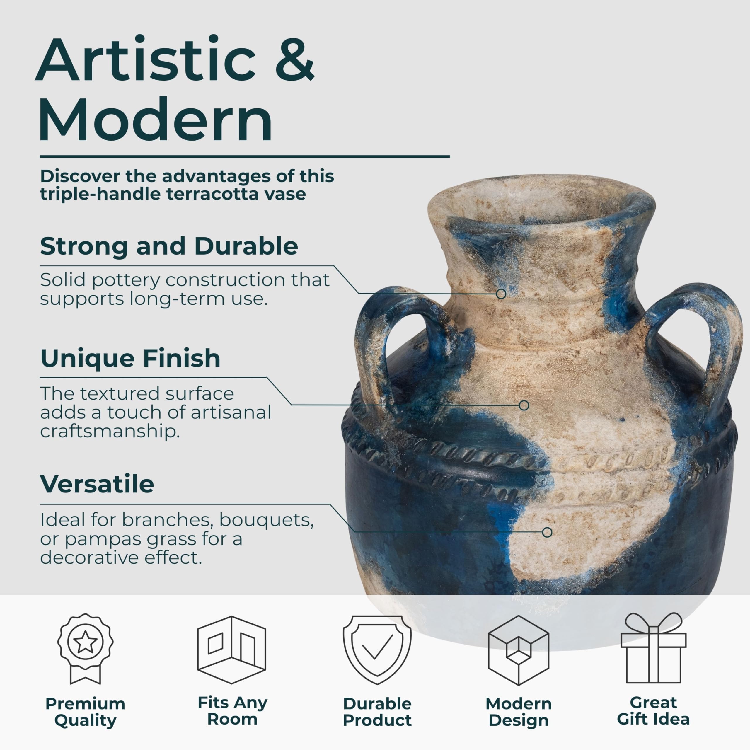 Sagebrook Home Elegante Terrakotta-Vase mit 3 Griffen für stilvolle Häuser