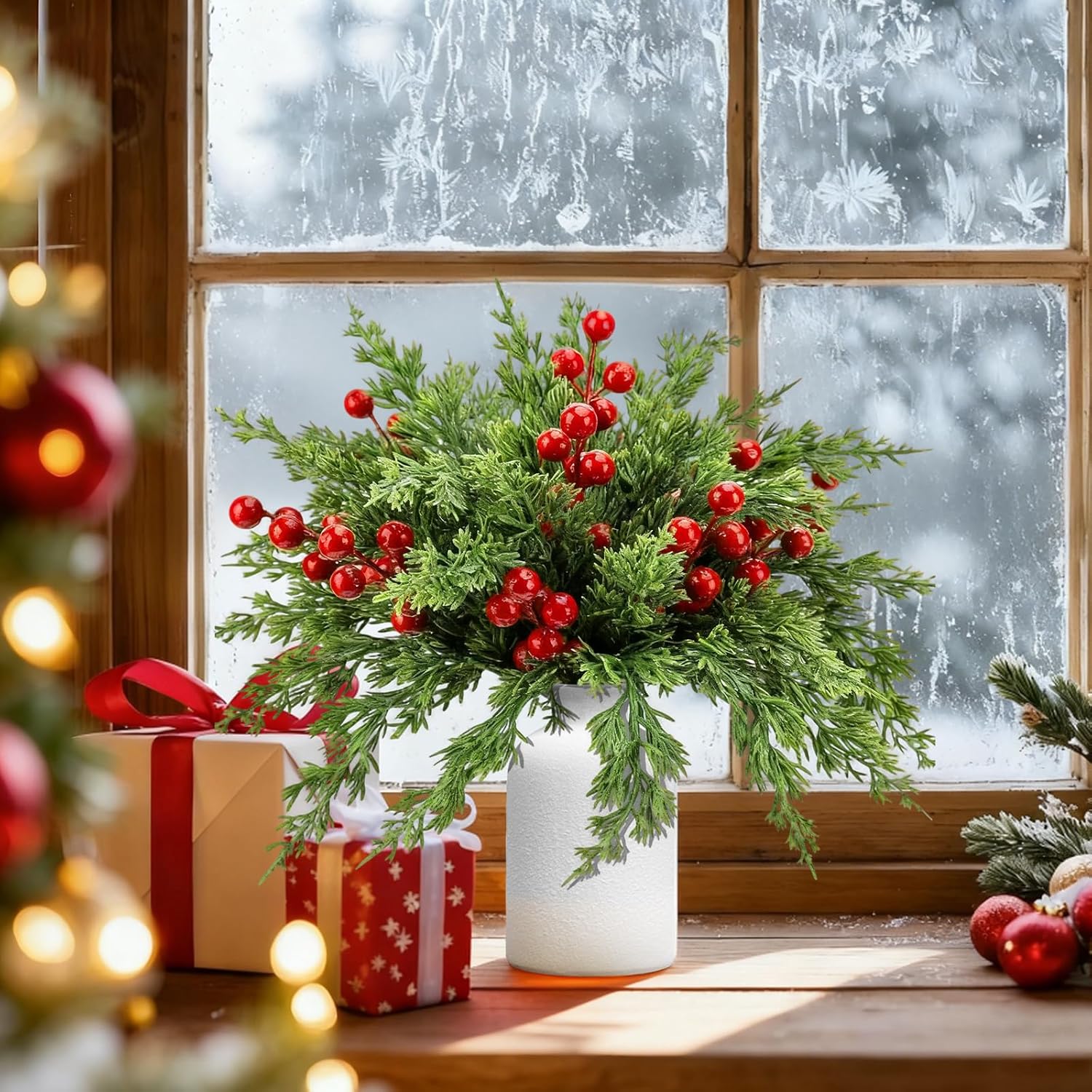 CloudValley 50pcs Artificial Christmas Flowers with a Vase, Red Berry Stems & Faux Norfolk Pine Garland Branches, Evergreen Picks Suitable for DIY Christmas Trees, Winter Home Holiday Decor