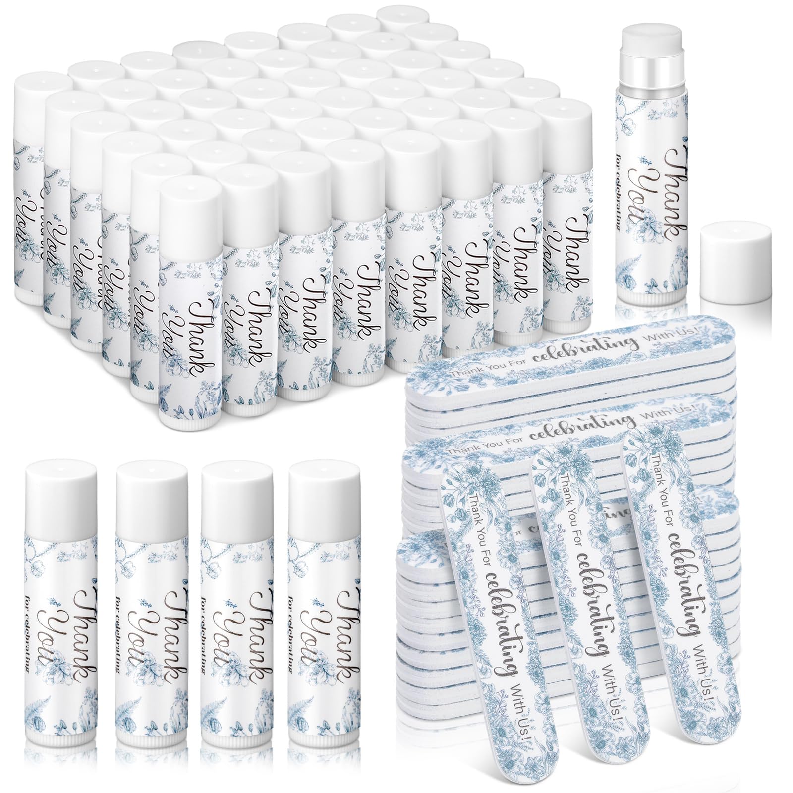 Dansib 24 Set Blue Floral Bridal Baby Shower Lip Balm Gift Wedding Lip Balm and Nail File Blue Flower Wedding Party Favors Travel Size Bridal Shower