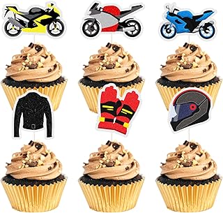 MEFENG 18pcs Motorcycle Theme Cupcake Topper, - Extreme Sports Racing Theme Party Supplies - For Motorcyclist Boyâ€™s Manâ€™s Birthday Party Decorations