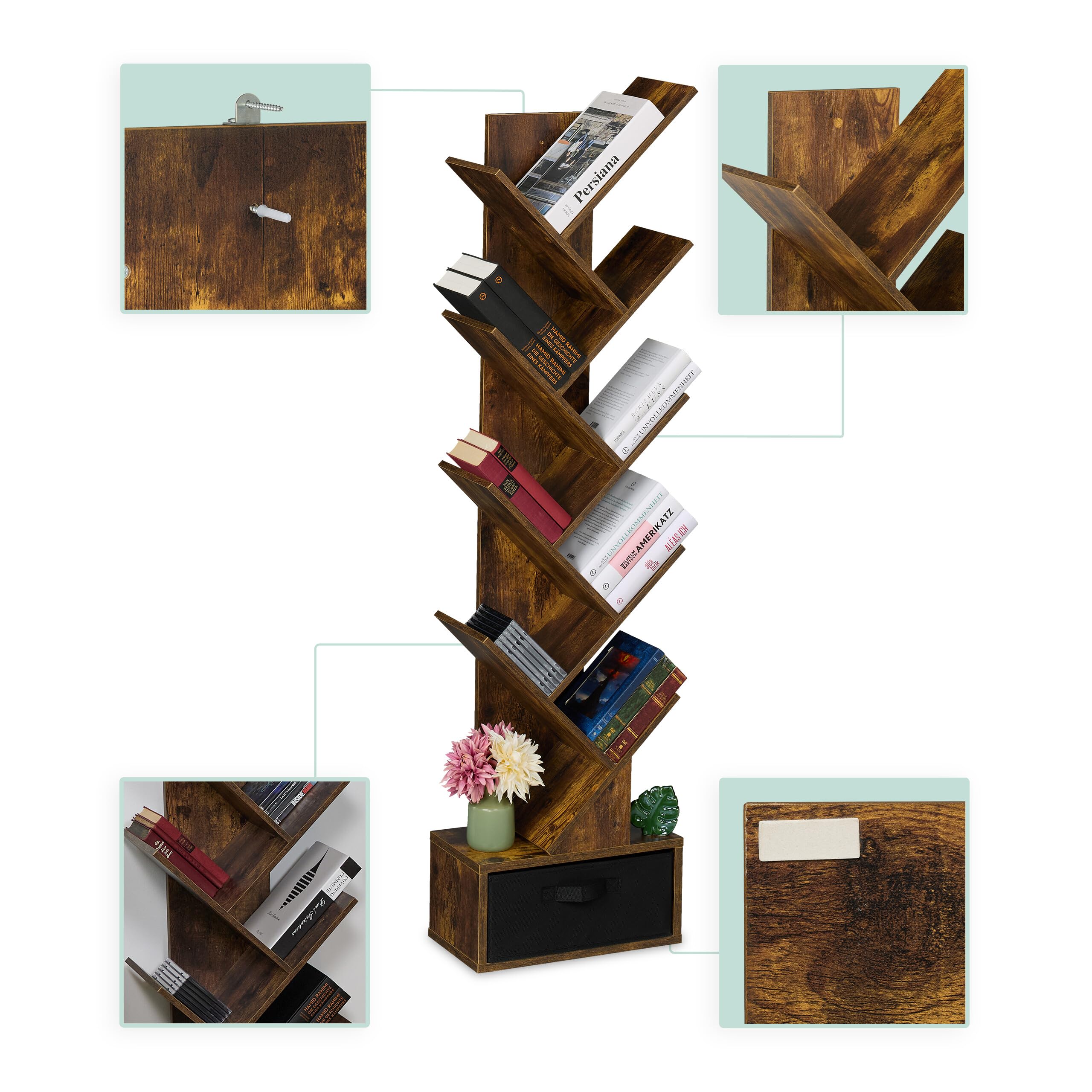 Relaxdays Scaffale Libreria, Mobile Stretto da Terra con 9 Ripiani ad Albero per Libri, CD e Dvd, 146x38x22 cm, Marrone