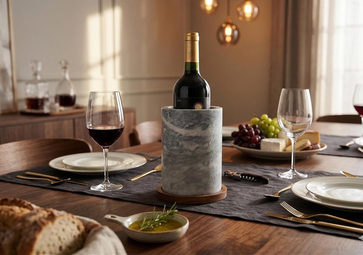 Spiretro White Marble Wine Cooler with Acacia Wood Base – 5-Inch Diameter, 7-Inch Height – Elegant Natural Marble Chiller with Velvet Bottom, Soft Padded Wood Base to Protect Tables