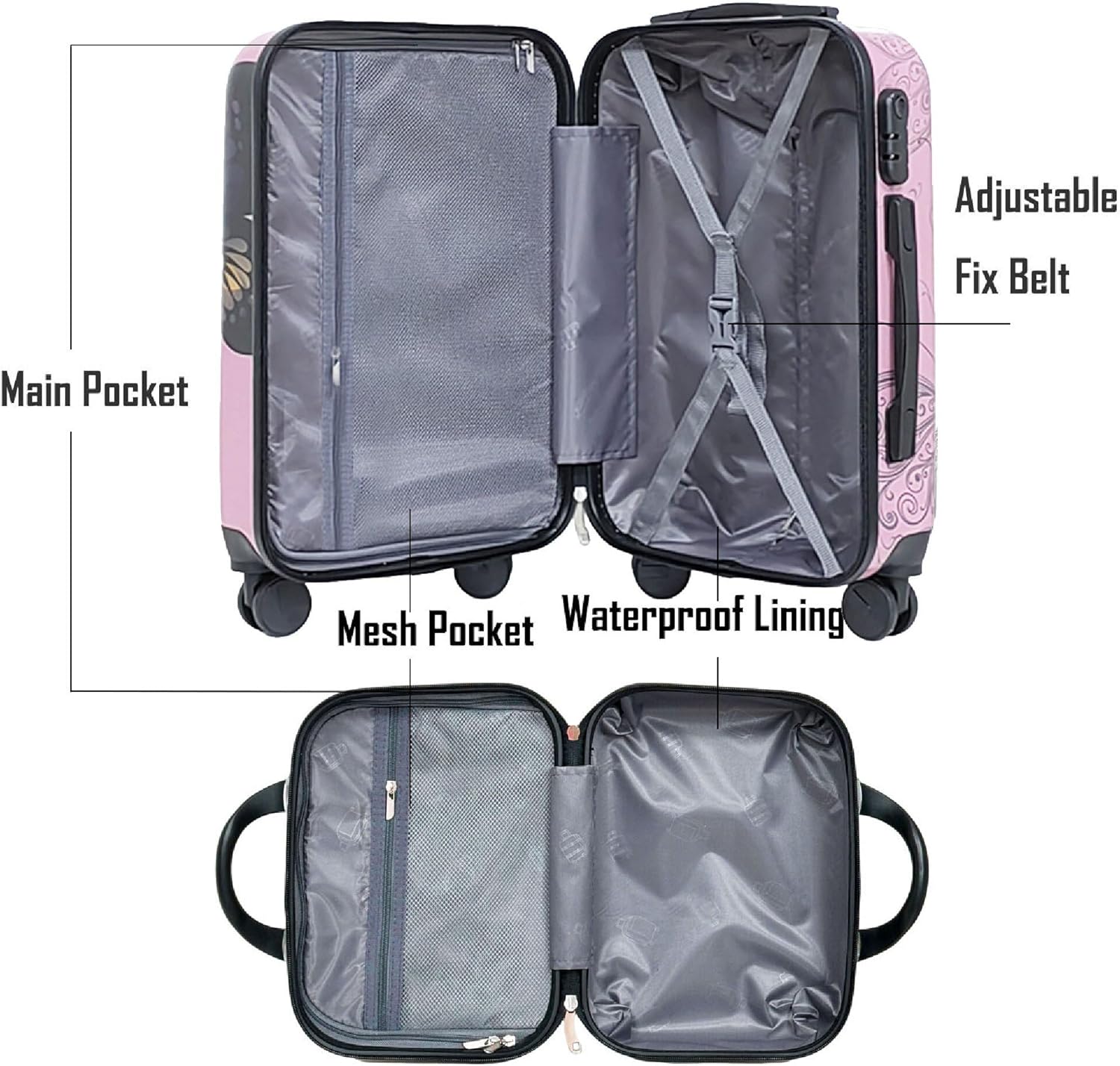 Butterfly Luggage Set, Hard Shell ABS+PC Carry-On with Spinner Wheels, Retractable Trolley & Reflective Surface - Lightweight Travel Suitcase Set (Pink Butterfly（14+20）)