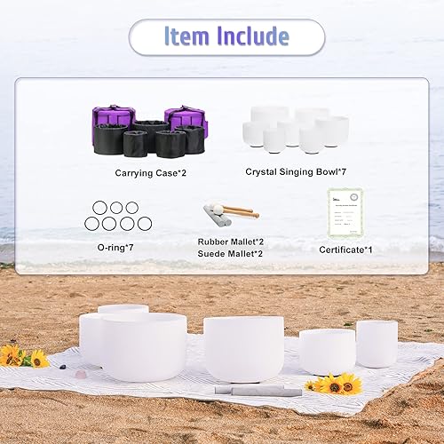 Miniatura 7 de 440HZ - Juego de 7 cuencos de cristal de cuarzo de chakra esmerilado de 6 a 12 pulgadas para curación de sonido con fundas de transporte resistentes