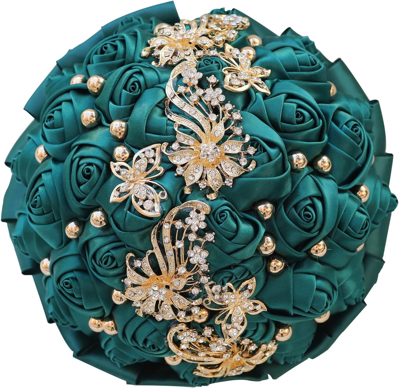 WIFELAI-A Golden Rhinestone Brooch Wedding Flowers Bridal Bouquets Crystal Bride Holding Bouquet White Ivory Satin Roses with Diamond