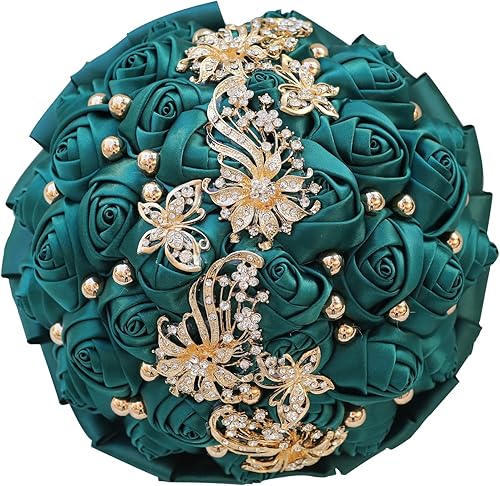 WIFELAI-A Broche de diamantes de imitación dorados, flores de boda, ramos de novia, ramo de novia de cristal, rosas de satén blanco marfil con