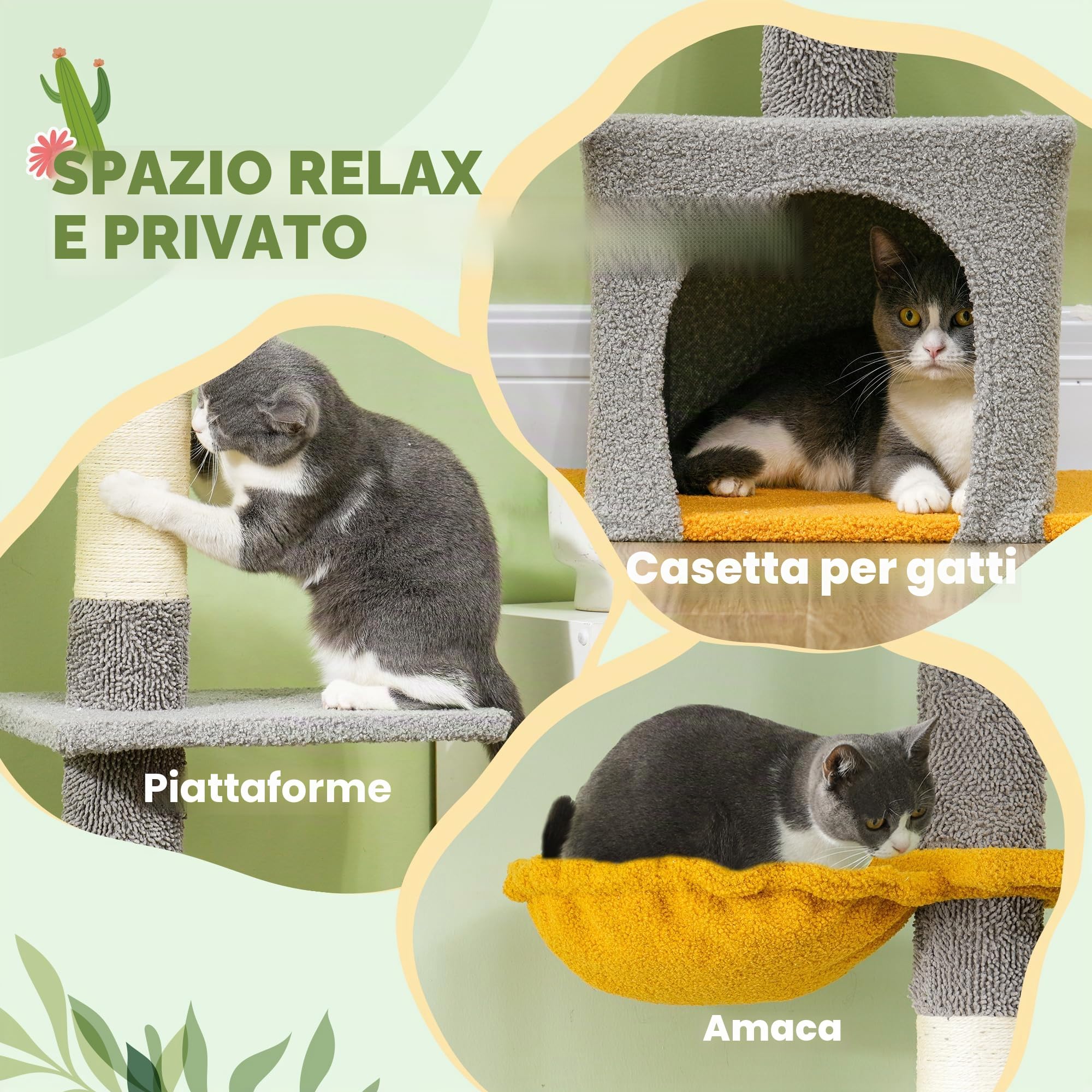 PawHut Albero per gatti da pavimento a soffitto, altezza 275 cm, torre gioco per gatti, 6 livelli, con piattaforme, cuccia, amaca, palla, tiragraffi, per arrampicarsi, graffiare e giocare, grigio | Torre gioco per gatti, piattaforme, nicchia, palla, tirag