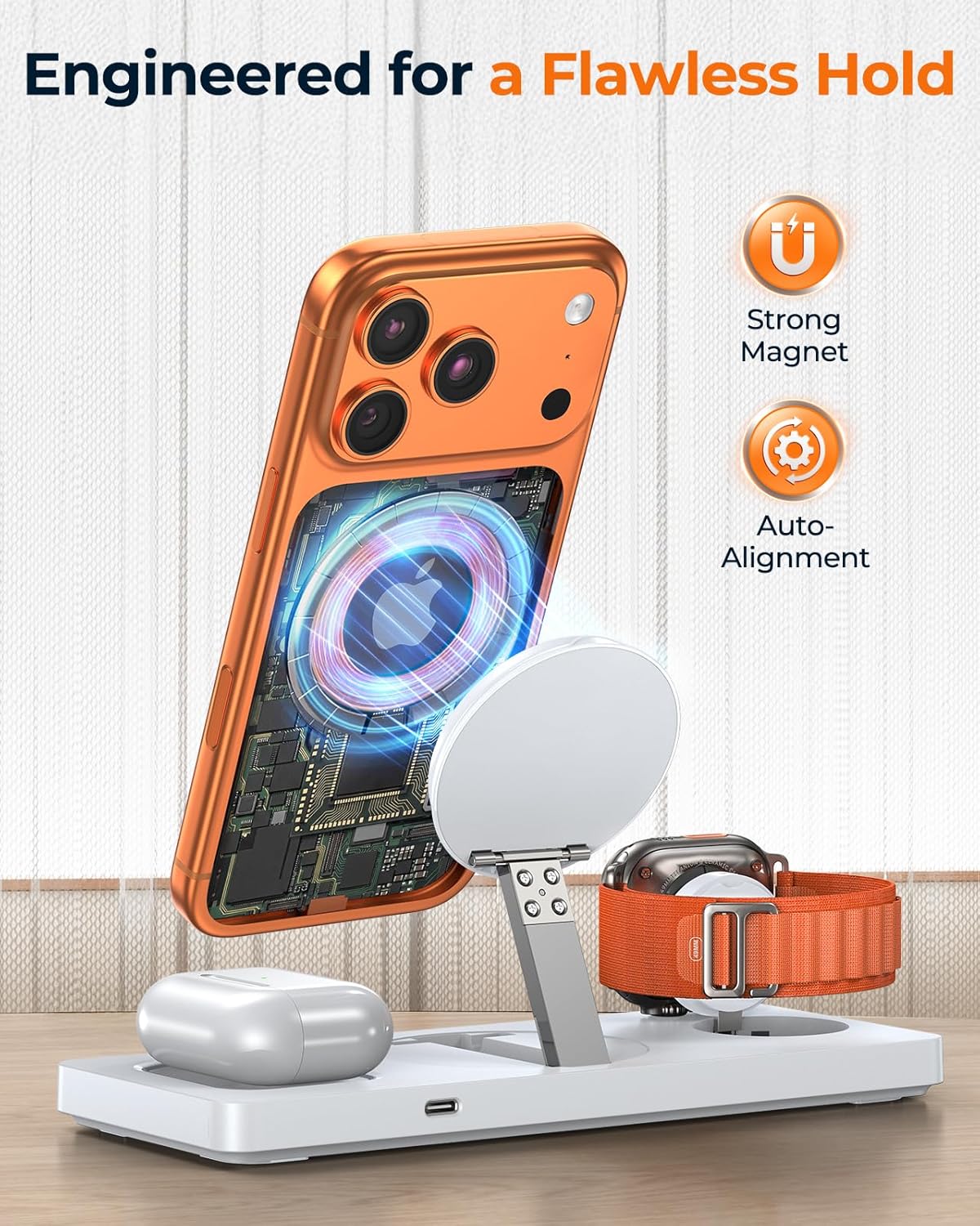 Foldable 3-in-1 Wireless Charging Station for Apple Magsafe Charger Stand, Travel-Friendly Fast Magnetic Wireless Charger Station for iPhone 17/16/15/14/13/12, Apple Watch & AirPods Series, White