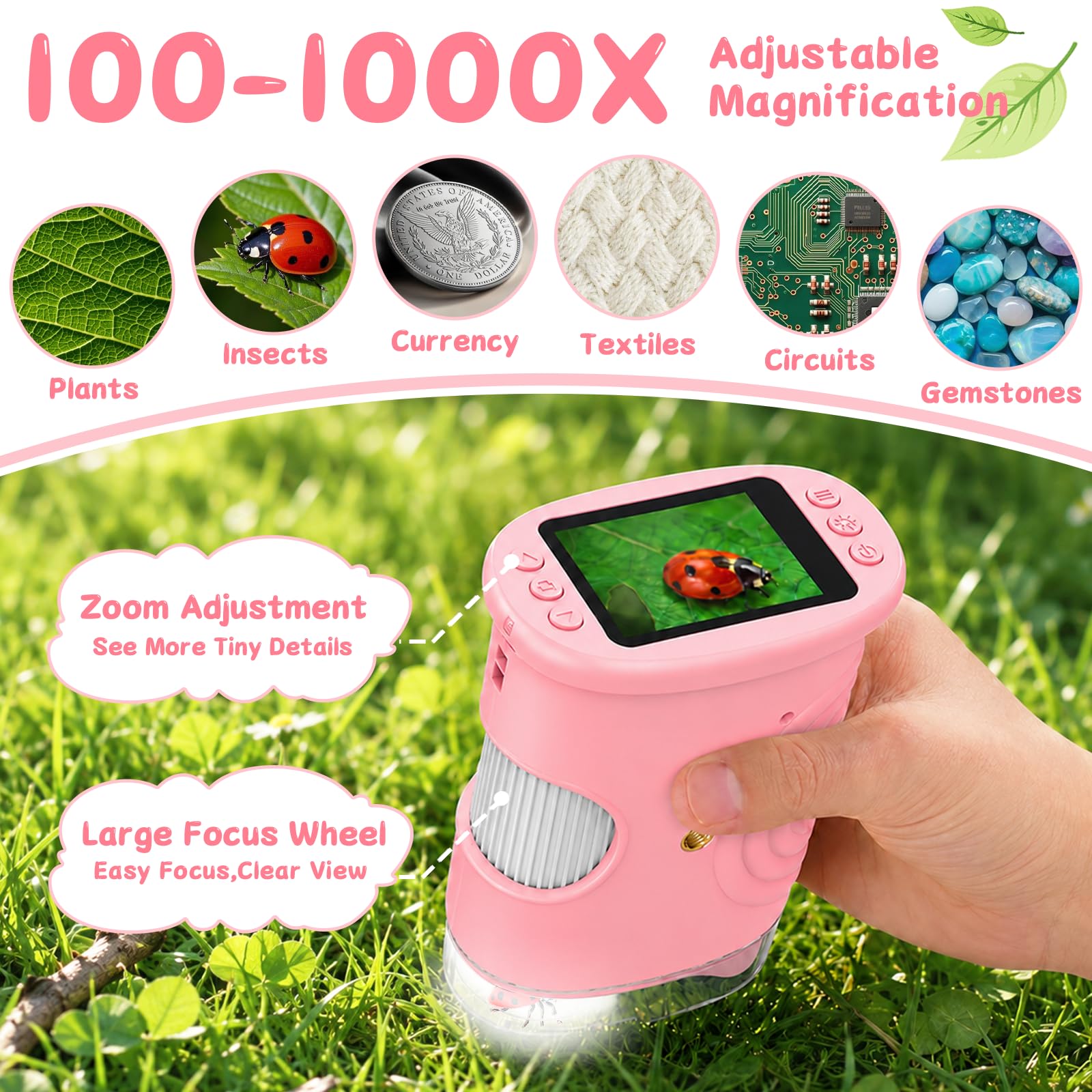 Microscopio para Niños 1000X, Microscopio Digital Portátil con Pantalla IPS de 2 Pulgadas, 8 LED Ajustables, Función Foto y Video, Juguete Educativo para Niños y Niñas (Rosa)