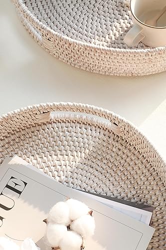 Miniatura 6 de HITOMEN Bandeja redonda tejida a mano de mimbre otomana decorativa con asas para mesa de café, desayuno, bebidas, aperitivos, pan, frutas y verduras