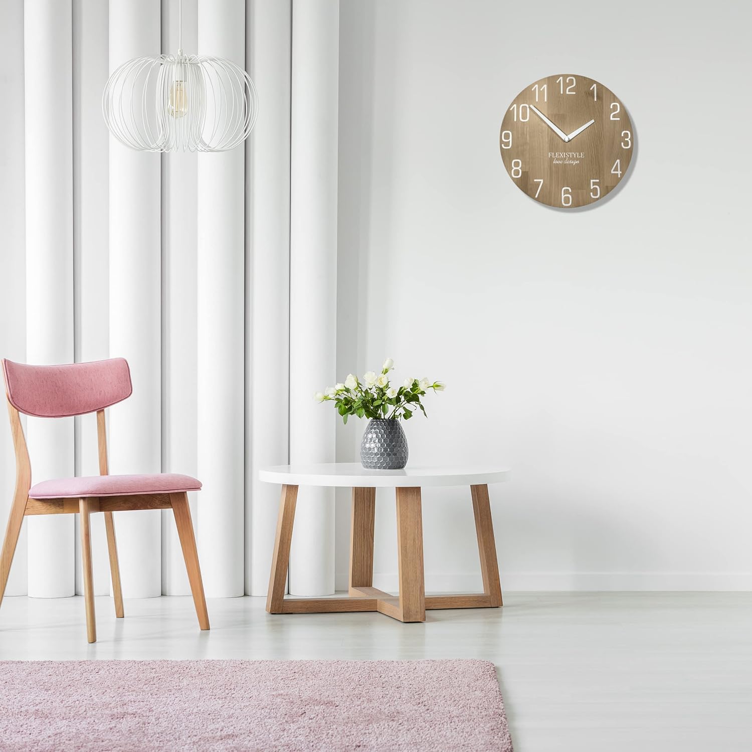 FLEXISTYLE Wall Clock, Wood, White, 30 cm
