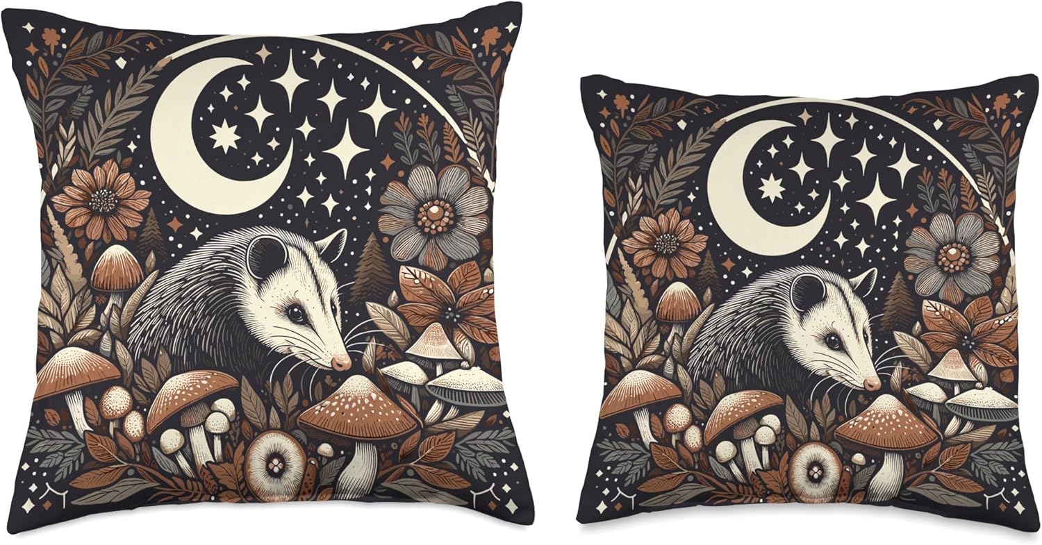 Cute Opossum Cottagecore Aesthetic Floral Mushroom Throw Pillow