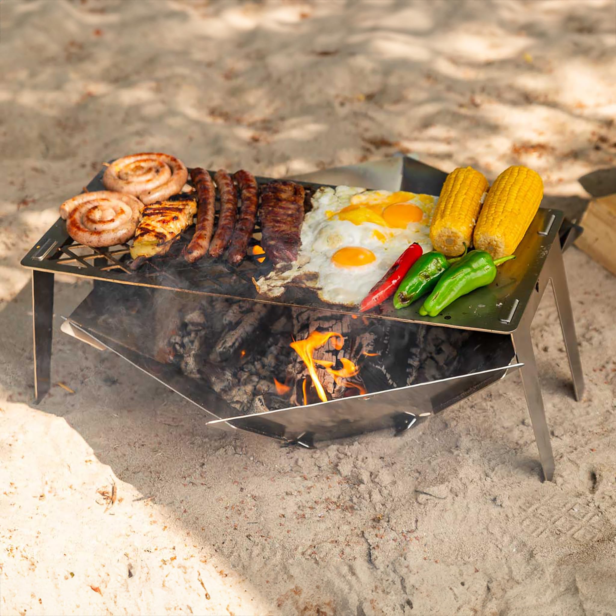 FENNEK 4FIRE | Asadora Desmontable para el brasero Hexagon | con Parrilla y Plancha para Acampar, autocaravanas, el jardín o IR de Pesca | Acero Inoxidable…