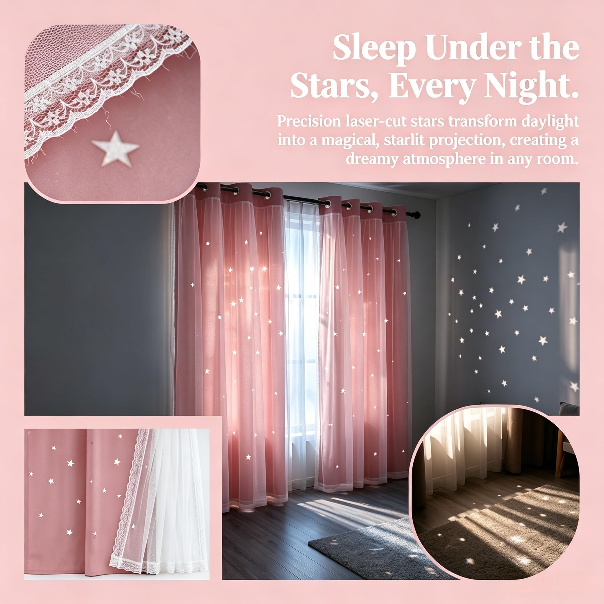Lot de 2 Rideaux de Princesse pour Chambre de Fille avec Superposition Transparente, Double Couche pour Salon avec découpe étoile, Rideaux pour Chambre d'enfant (177,8 x 241,3 cm, Rose)
