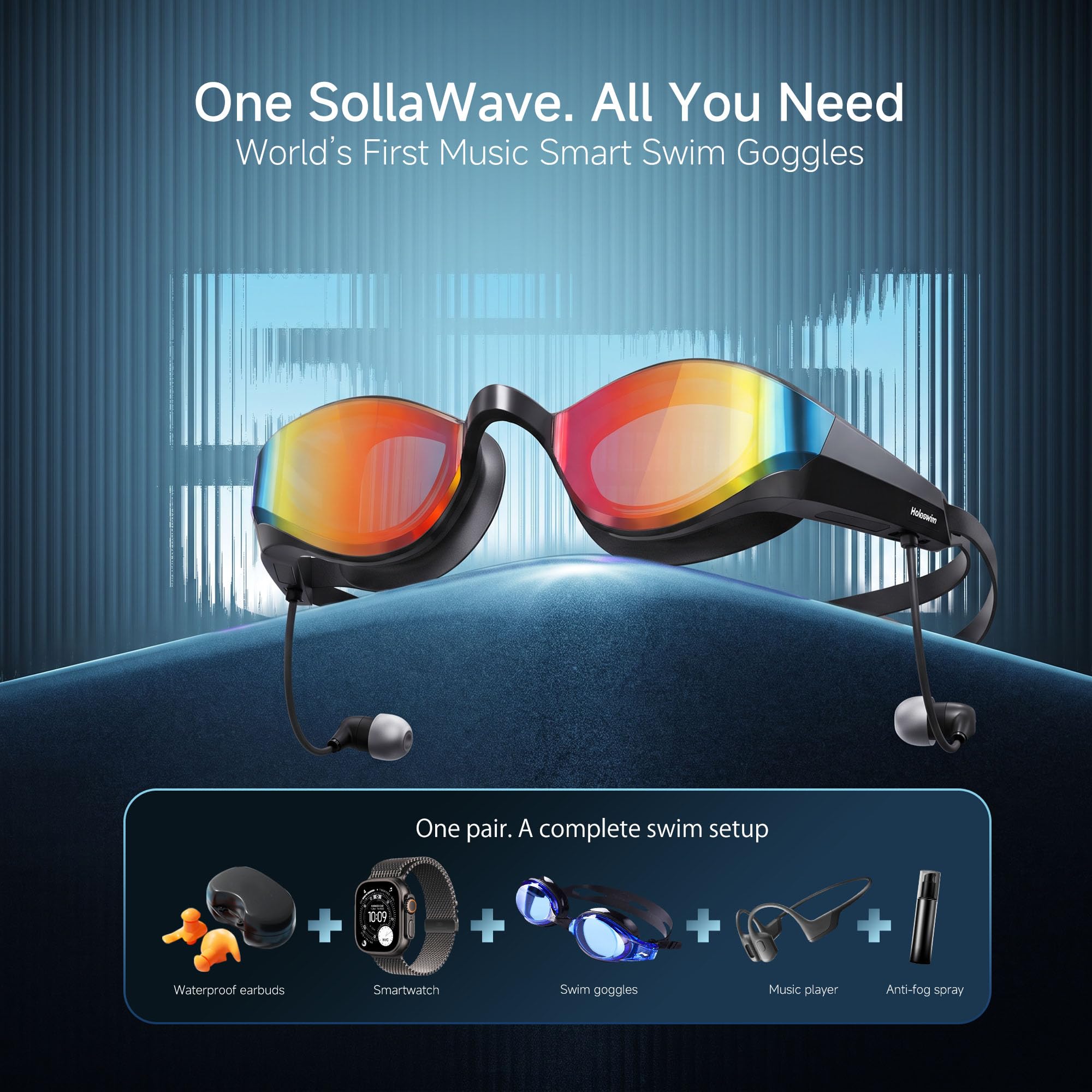 SollaWave AI Music Smart Occhialini da nuoto con cuffie da nuoto integrate, feedback vocale in tempo reale + lettore MP3, sensore di movimento a 9 assi, cuffie impermeabili IP68 per il nuoto, app e
