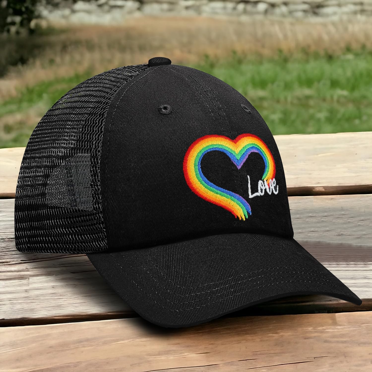 Rainbow Heart Pride Hats for Men and Women, LGBT Gifts, Adjustable Embroidered Gay Black Baseball Hat - Image 6