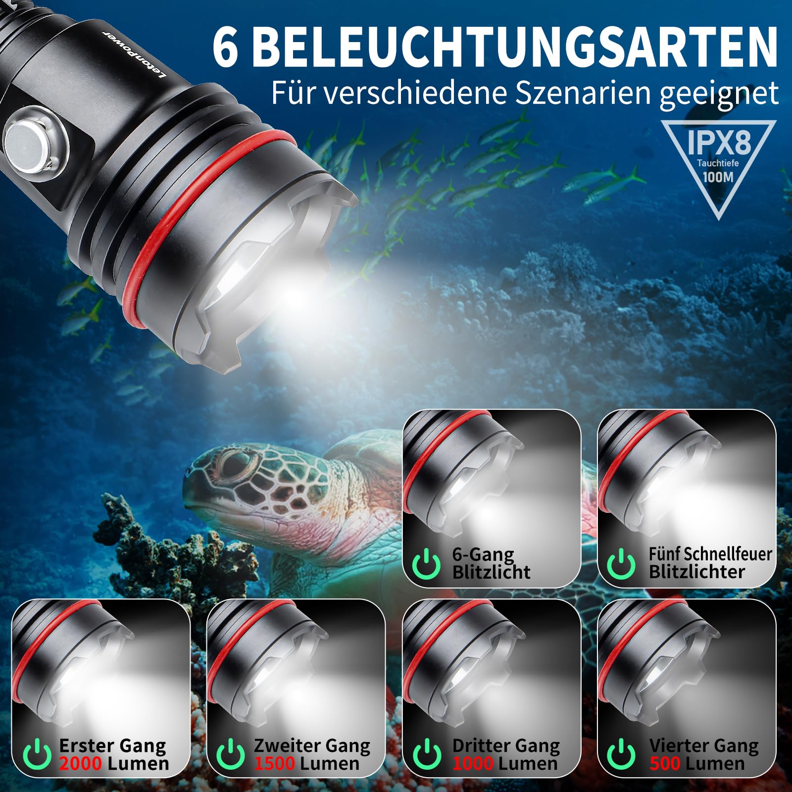 14S Unterwasser Taucherlampe 2000 Lumen – 6 Modi, superhell, USB-C wiederaufladbar, IP68 wasserdicht bis 100m für Nachttauchen, Schnorcheln & Gerätetauchen