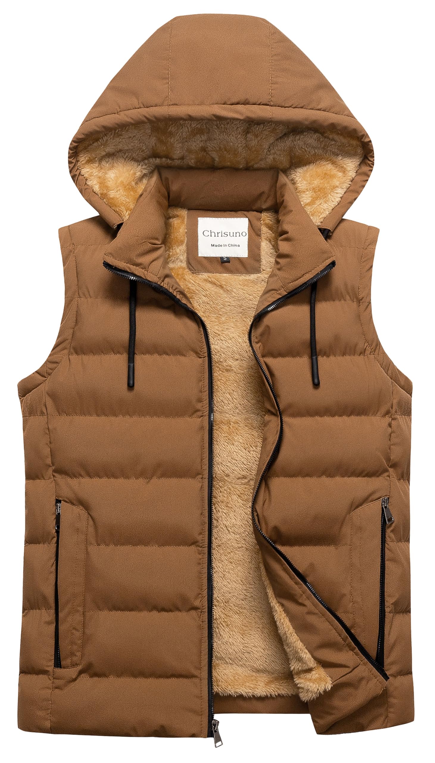 Chrisuno Gilet invernale da uomo, leggero, caldo, senza maniche, foderato in pile, trapuntato, con cappuccio rimovibile