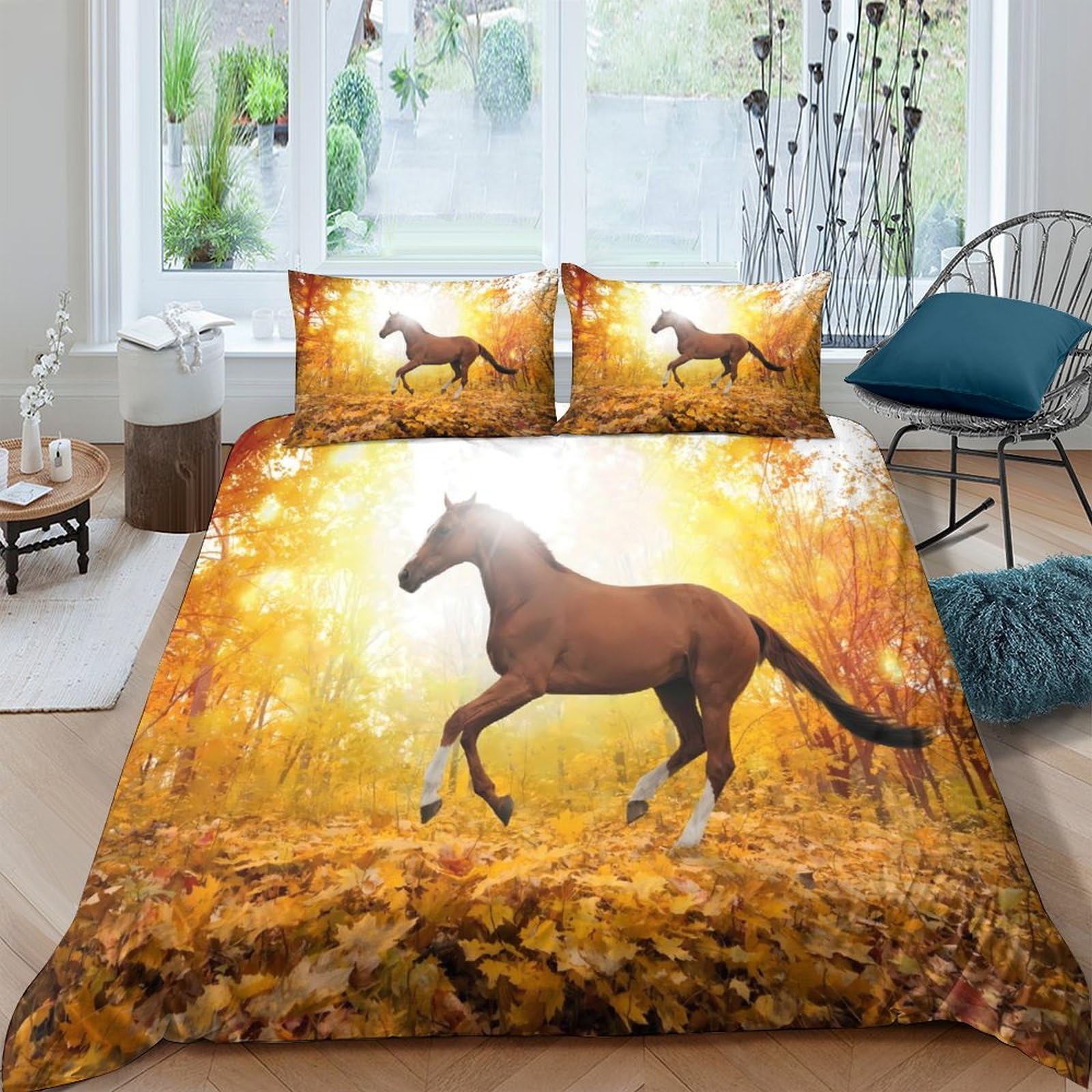 Ctjqhvkz Style-6 3D Printed Autumn Forest Horse Fitted Sheet Microfiber Soft Breathable Brown Horse Bed Cover For Bedroom Guest Room Decor Single（135X200cm）