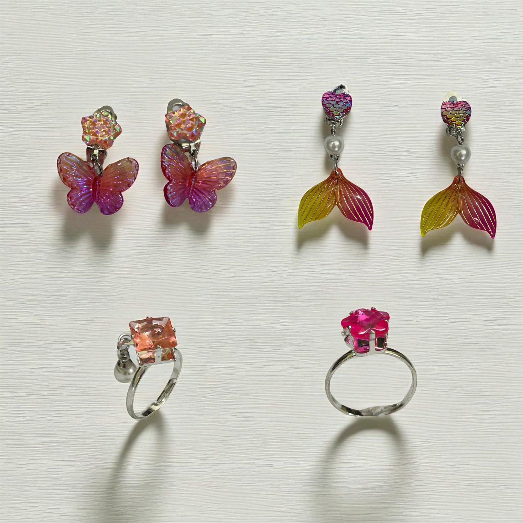 OMID, Girls Fashion Earrings & Rings Set of 4Pc Cute Mermaid & Butterfly Design Jewelry in Heart Gift Box | Pretend Play, Dress-Up & Party Favors for Kids (Multicolor) 1