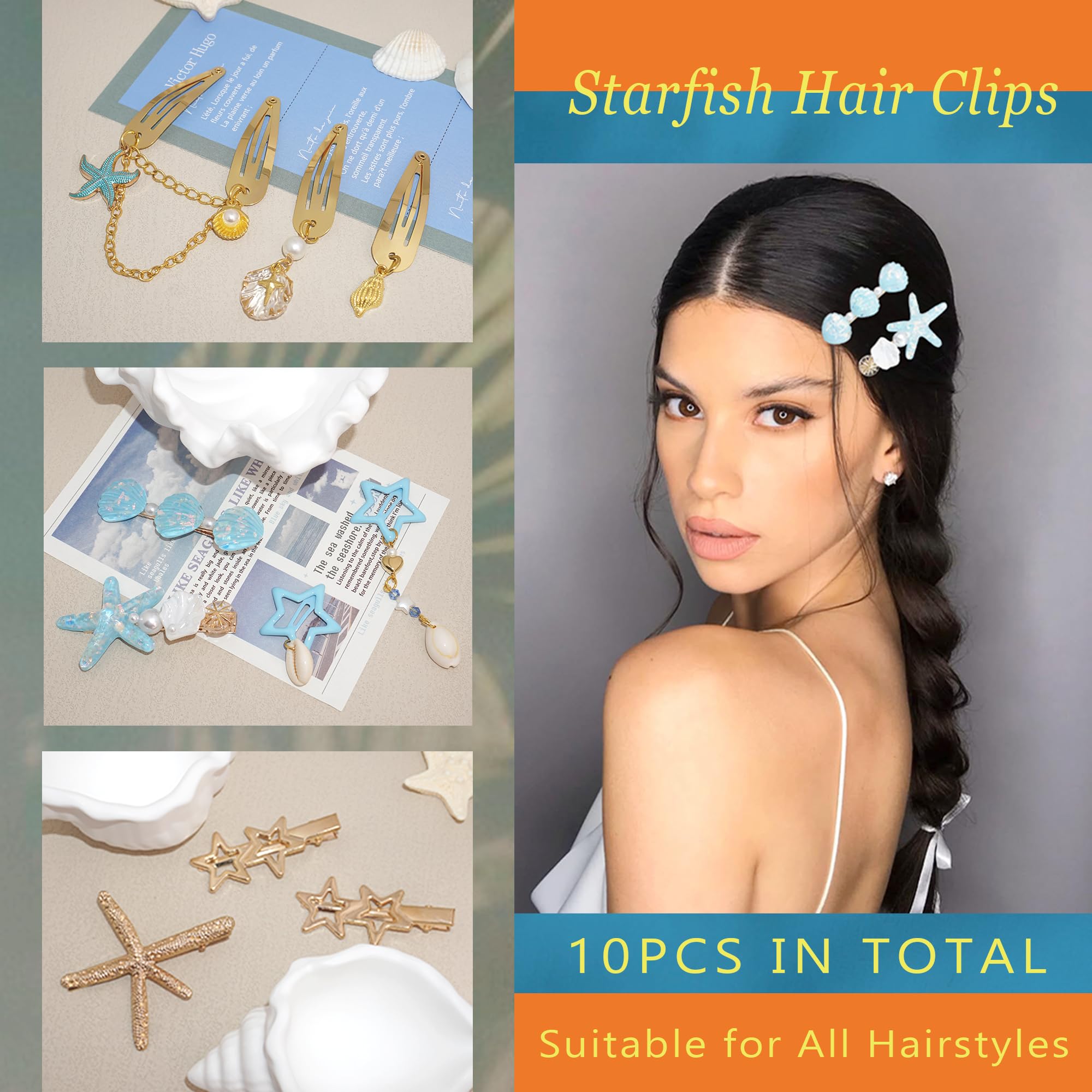 10 pinzas para el pelo con diseño de estrella de mar azul brillante dorado con conchas marinas Y2K, accesorios para el cabello para mujeres y niñas