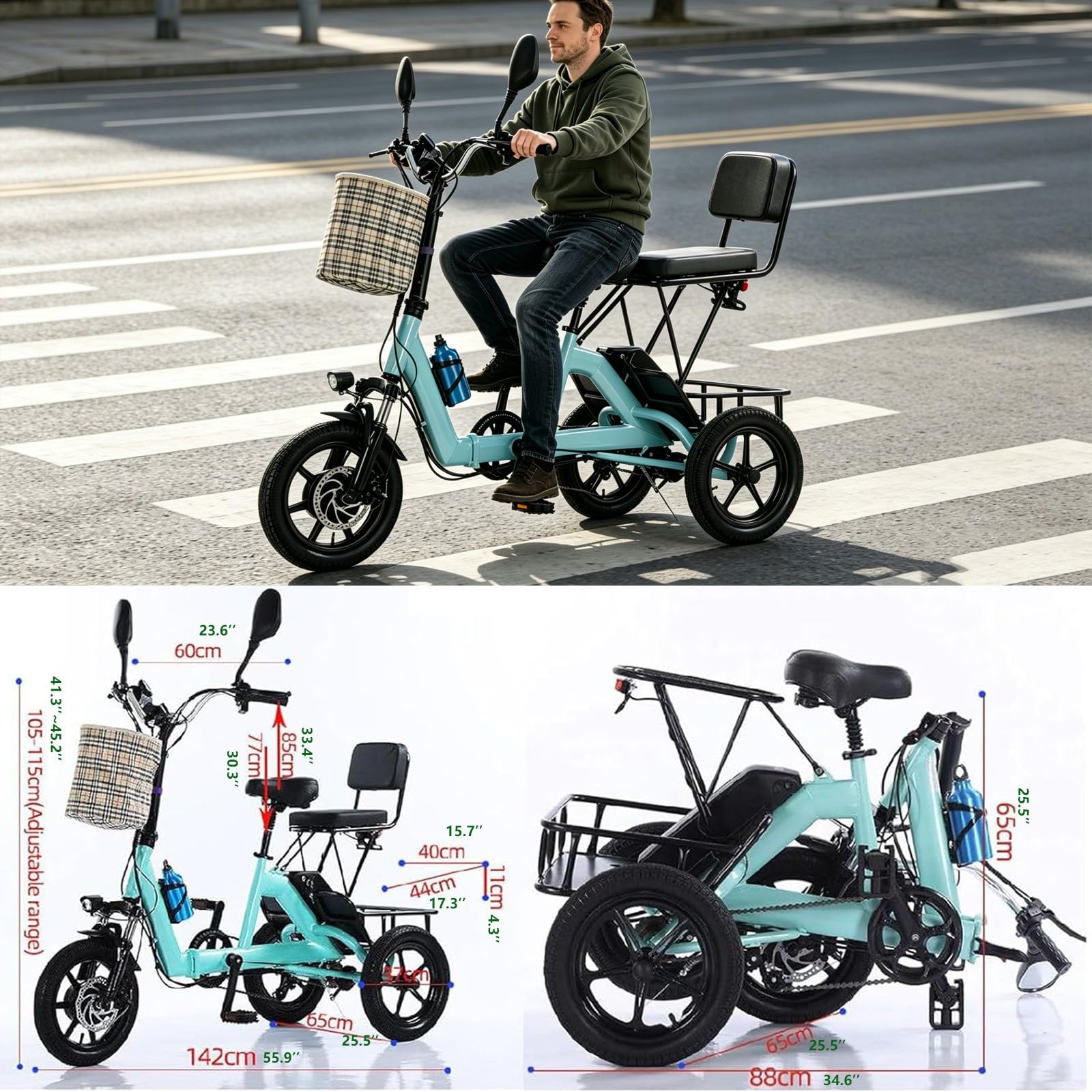 Vélo électrique Pliant à 3 Roues pour Adultes (Hommes et Femmes), Batterie au Lithium Amovible, Panier Avant, Porte-Bagages arrière, Freins à Disque Doubles.