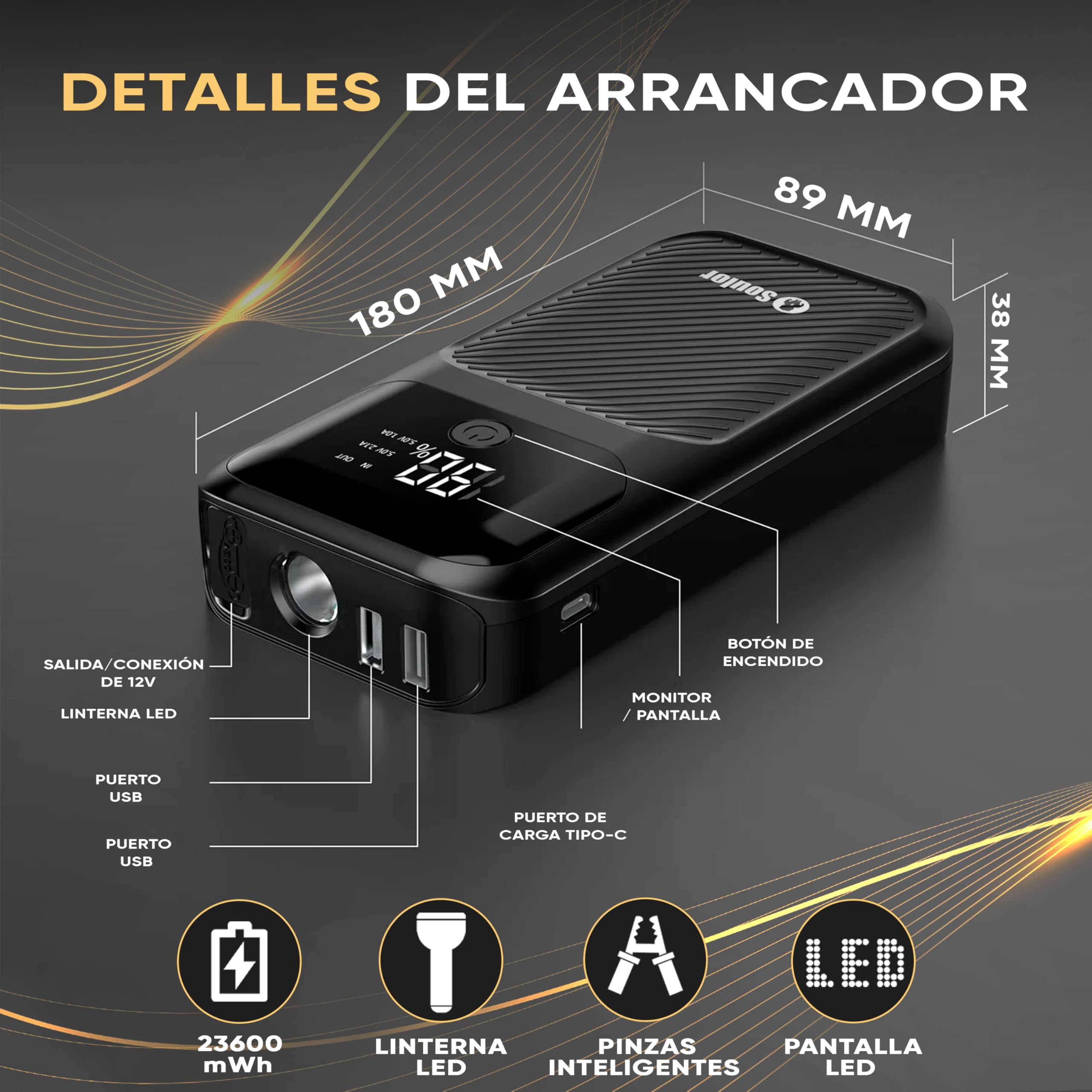 Sweet Car and Motorcycle Battery Jump Starter 8000A | Portable Car Jump Starter (Petrol and Diesel) with Screen and Flashlight 4 Modes| Quick Charge 30W | Battery Booster 12V | Includes Case and USB — view 6