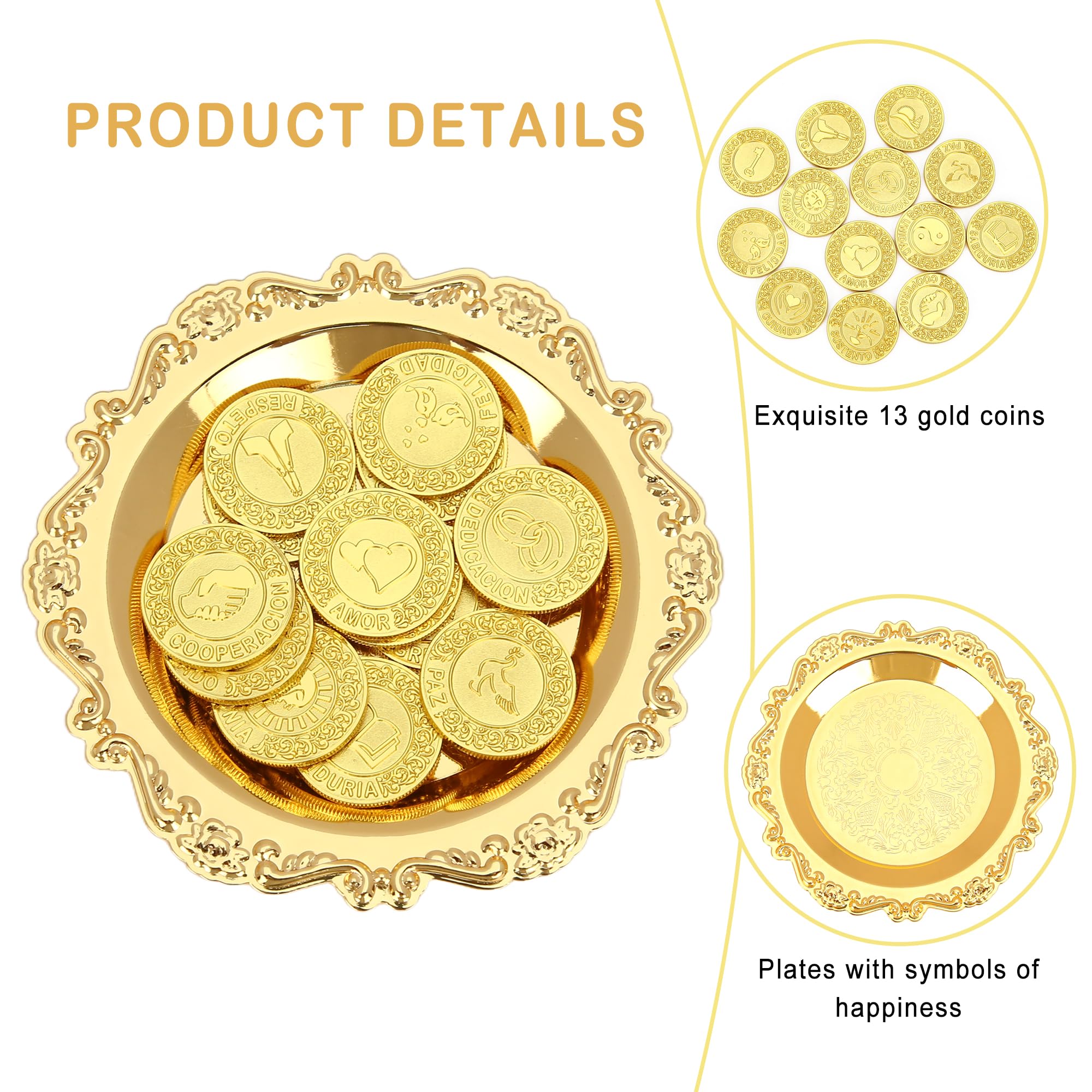 TINGKU Español Arras de Boda con Plato, Las Arras para Boda de Matrimonio, Regalos de Boda, Arras de Boda Ceremonia Novios, Monedas de Unidad, Ceremonia de Boda - Oro