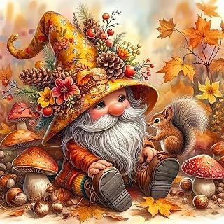 CHWGLFGG 5D Diamond Art Kits for Adults Beginners, Fall Gnome Squirrel Diamond Painting Kits, DIY Full Autumn Round Drill Paint by Diamonds Dot Gem Art for Adults, Home Wall Decor 13.7X 13.7 Inch