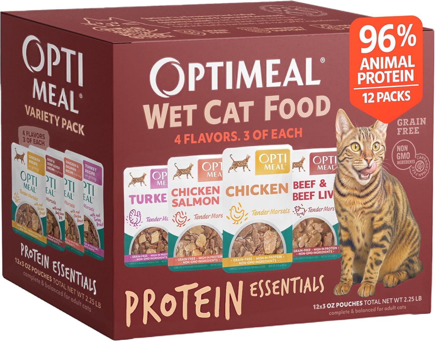 Optimeal Wet Cat Food Variety Pack - Savory Protein Selection, Grain Free Tender Morsels, High Protein Premium Nutrition Made with Natural European Ingredients, Adult Cat Pouches 3oz (Pack of 12)