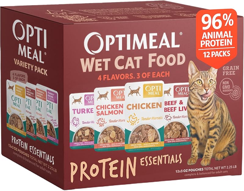 Ração úmida para gatos Optimeal com frango, carne bovina, peru e salmão, sem grãos, 12 sachês de 85 g