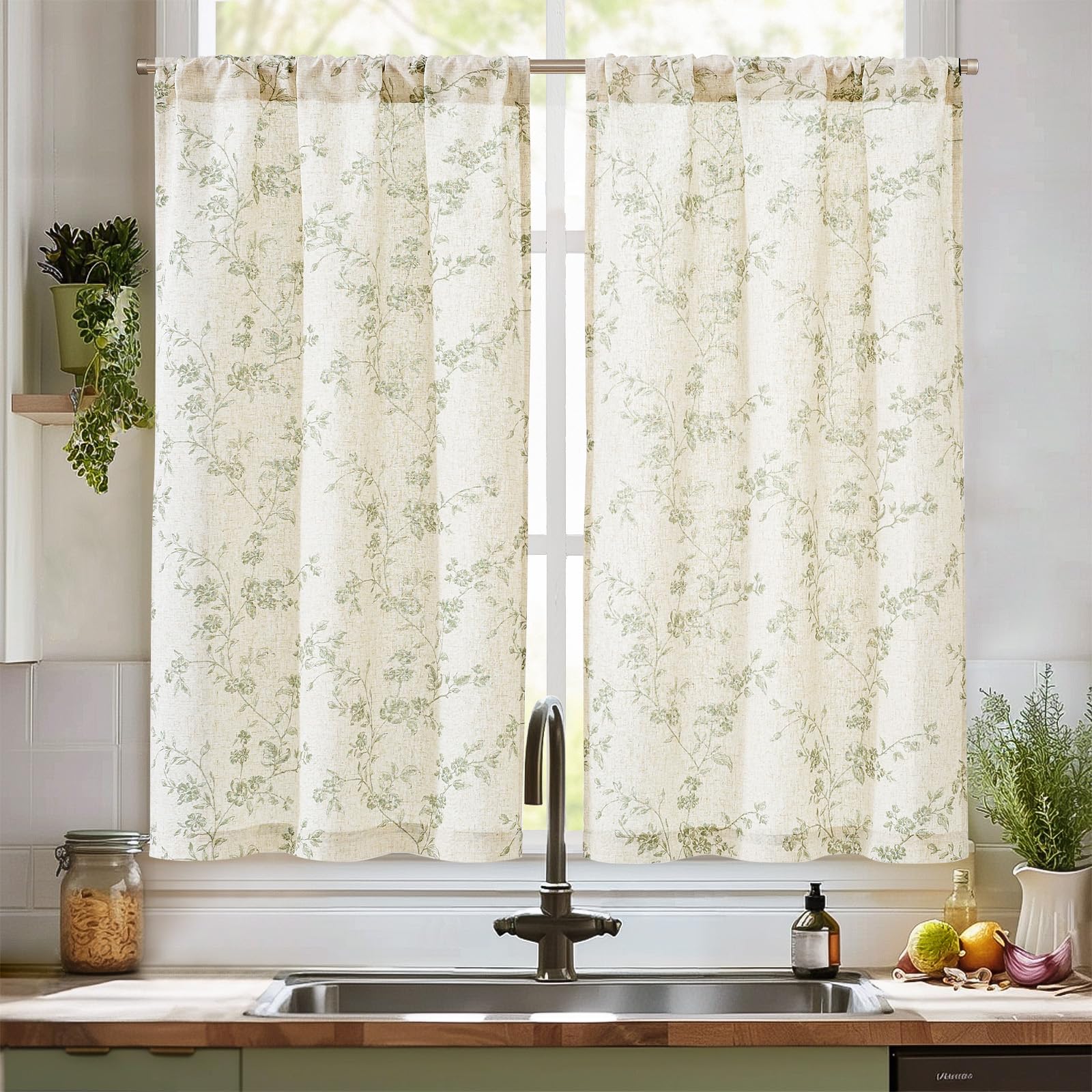 TOPICK Kitchen Curtains 45 Inch Drop, Sage Green Floral Short Cafe Curtains, Light Filtering Small Window Curtain Tiers for Cupboard Base, Sink, Basement, Bistro, W26 x L45 Inch — image 1