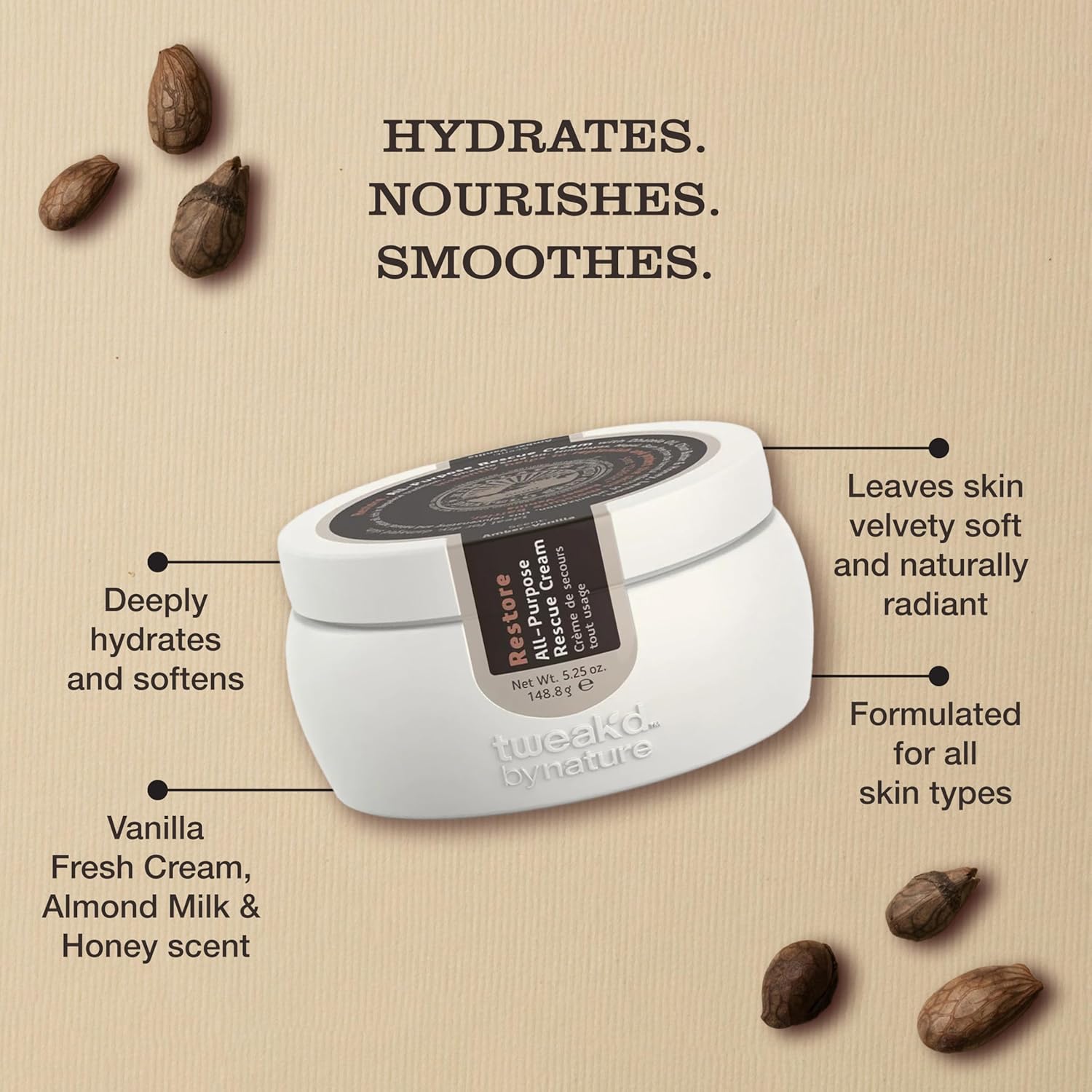 Tweak’d by Nature - Restore All-Purpose Rescue Moisturizer Face Cream for Dry Skin, 5-in-1 Formula Replaces AM, PM, Eye Cream, Hydrating Body Lotion for Women, and Primer (2 x 5.25oz)