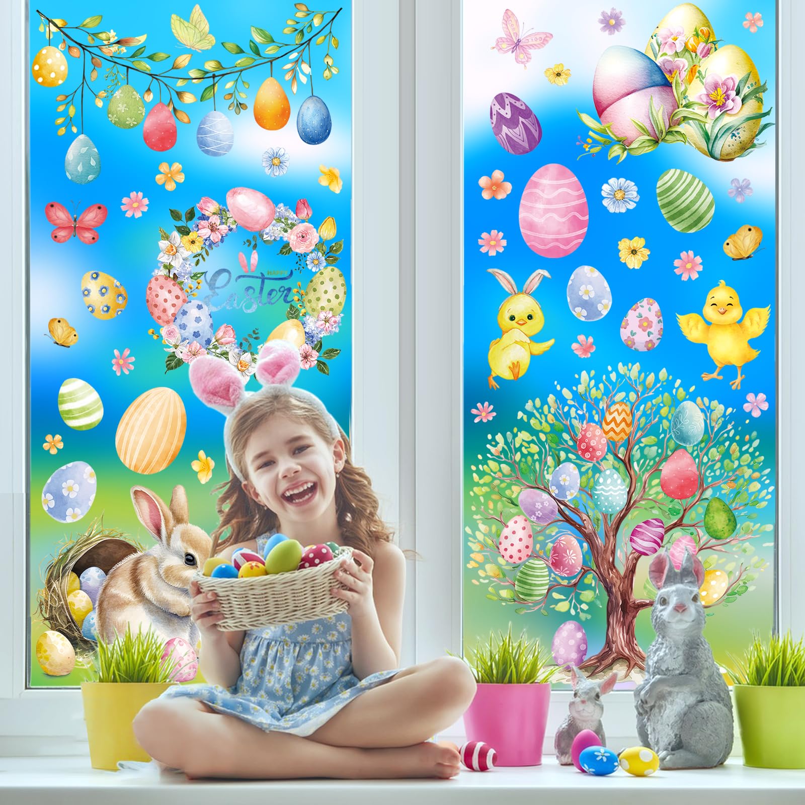 Adesivi Per Vetri Di Pasqua 2 Fogli – Coniglietti, Uova E Vasi Di Fiori, Decori Riutilizzabili Per Finestre E Vetri, Atmosfera Primaverile Per Casa E Scuola