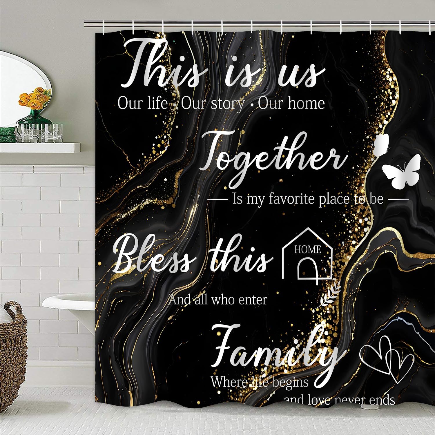 AZHM 4pcs Marble Family Shower Curtain Set with Rugs and Accessories image 5