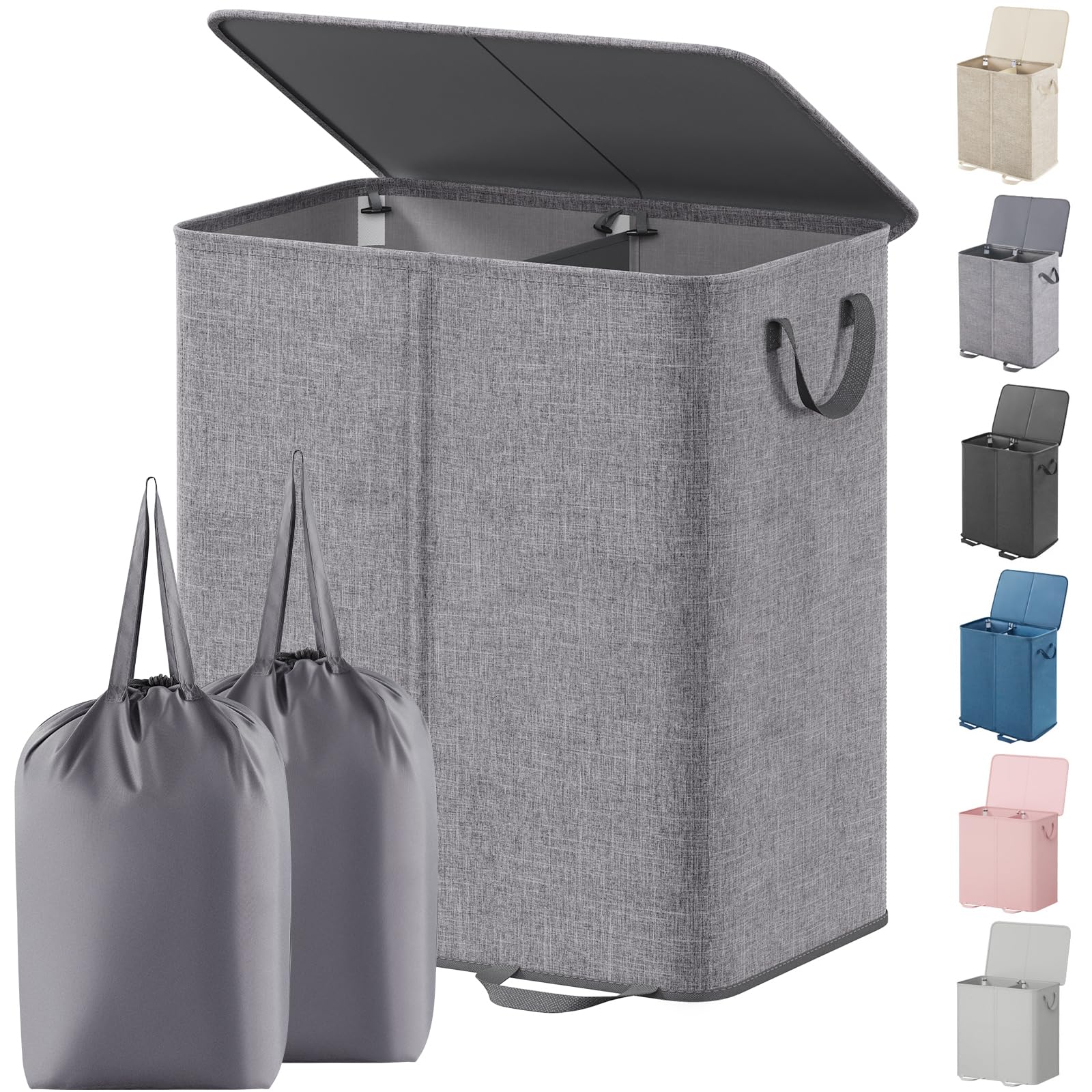 Lifewit Double Laundry Hamper with Lid and Removable Laundry Bags, Large Collapsible 2 Dividers Dirty Clothes Basket with Handles for Bedroom, Laundry Room, Closet, Bathroom, College, 155L Grey